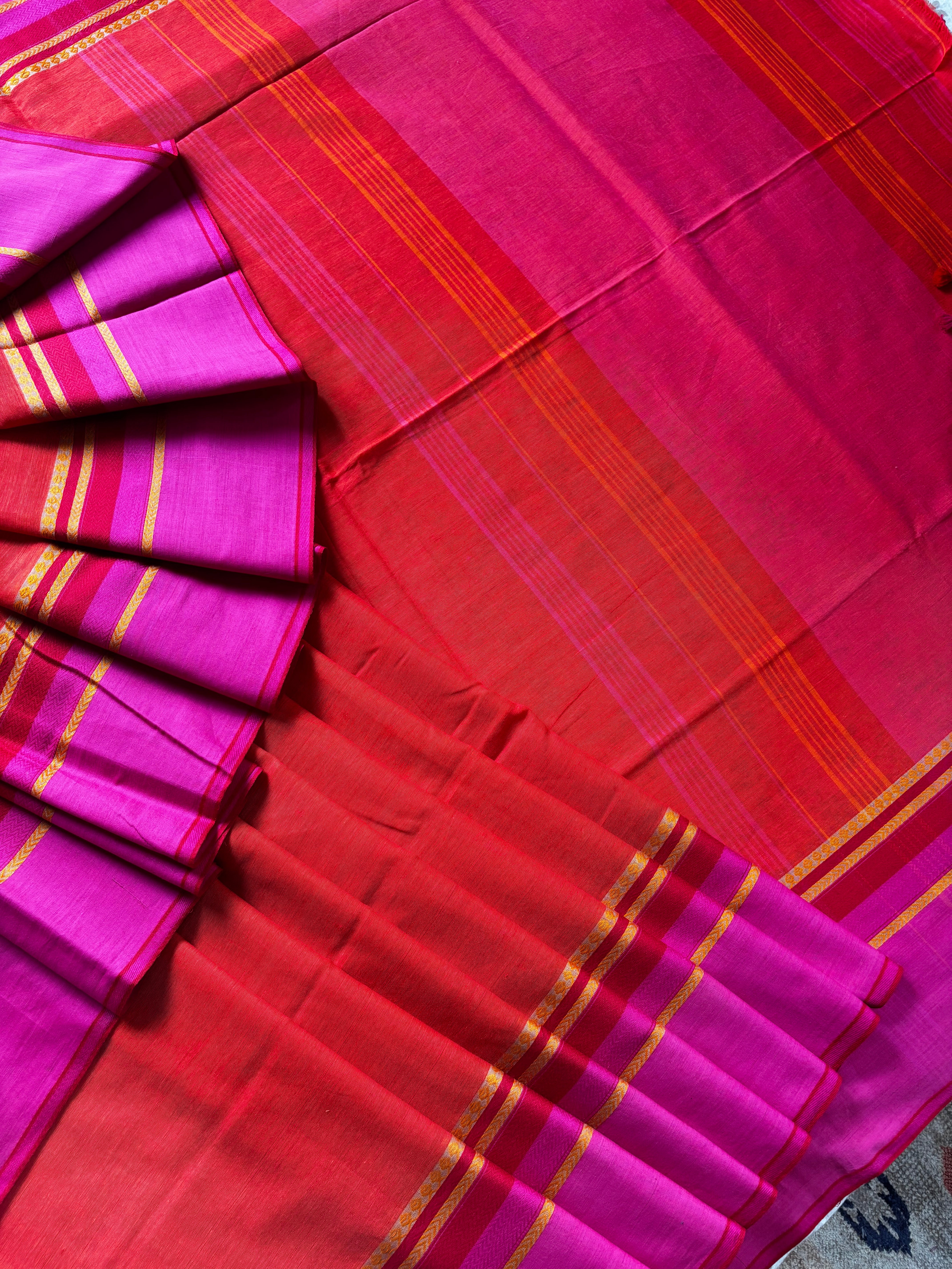 Handwoven Orange Magenta Colour Phulia Cotton Saree