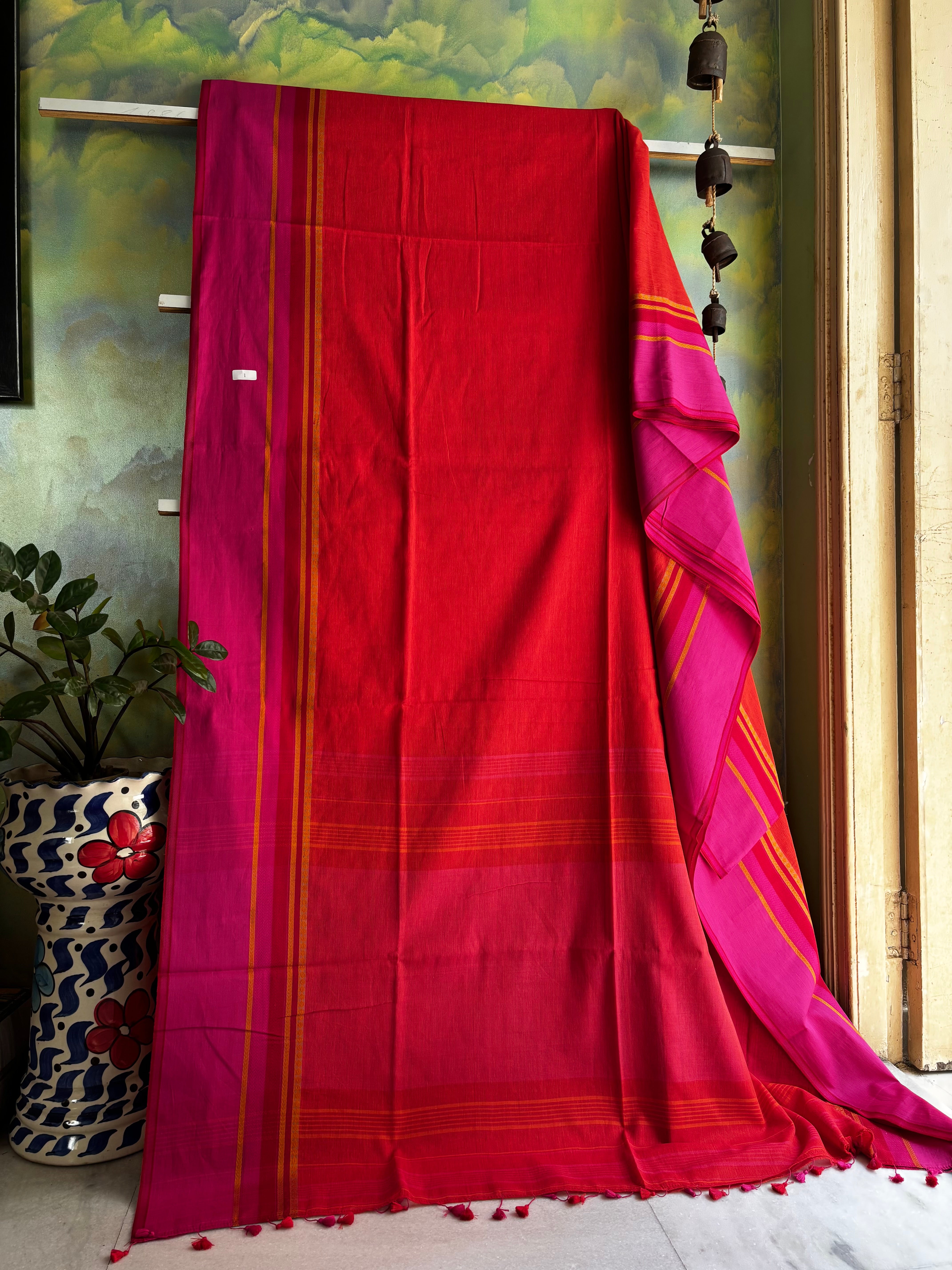 Handwoven Orange Magenta Colour Phulia Cotton Saree