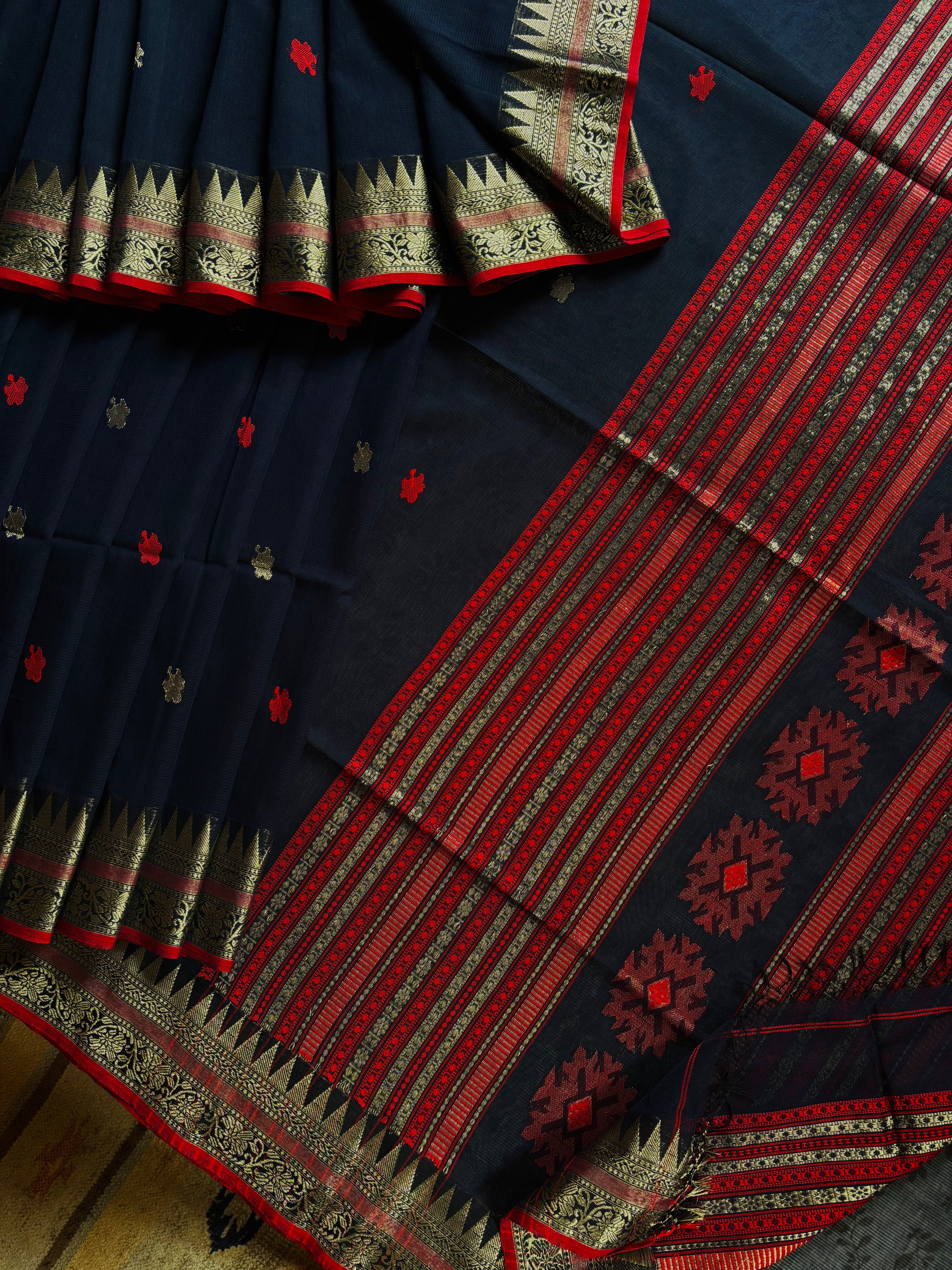 Handwoven Navy Blue Colour Cotton Jamdani Saree