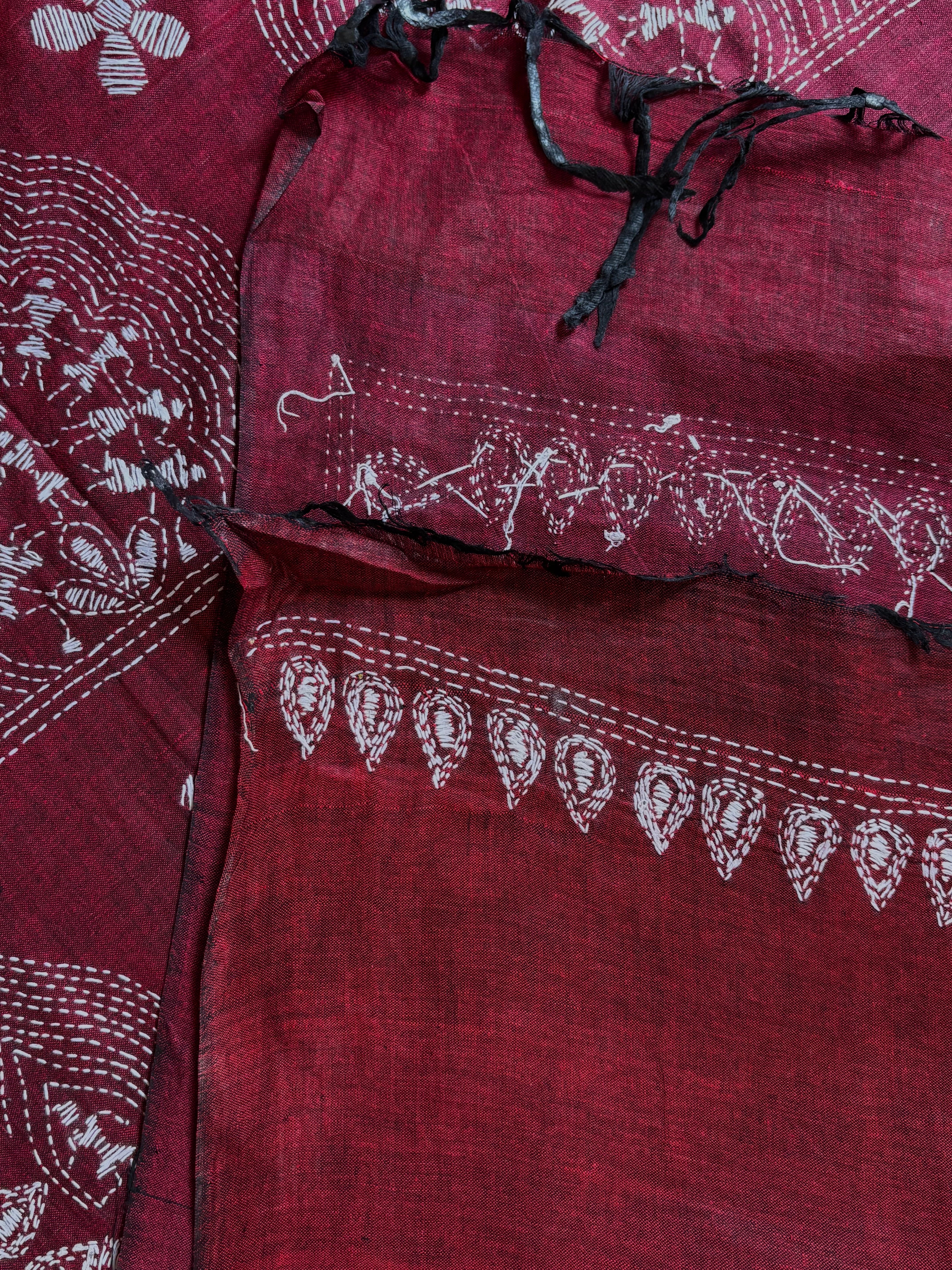 Handmade Maroon White Colour Cotton Kantha Saree