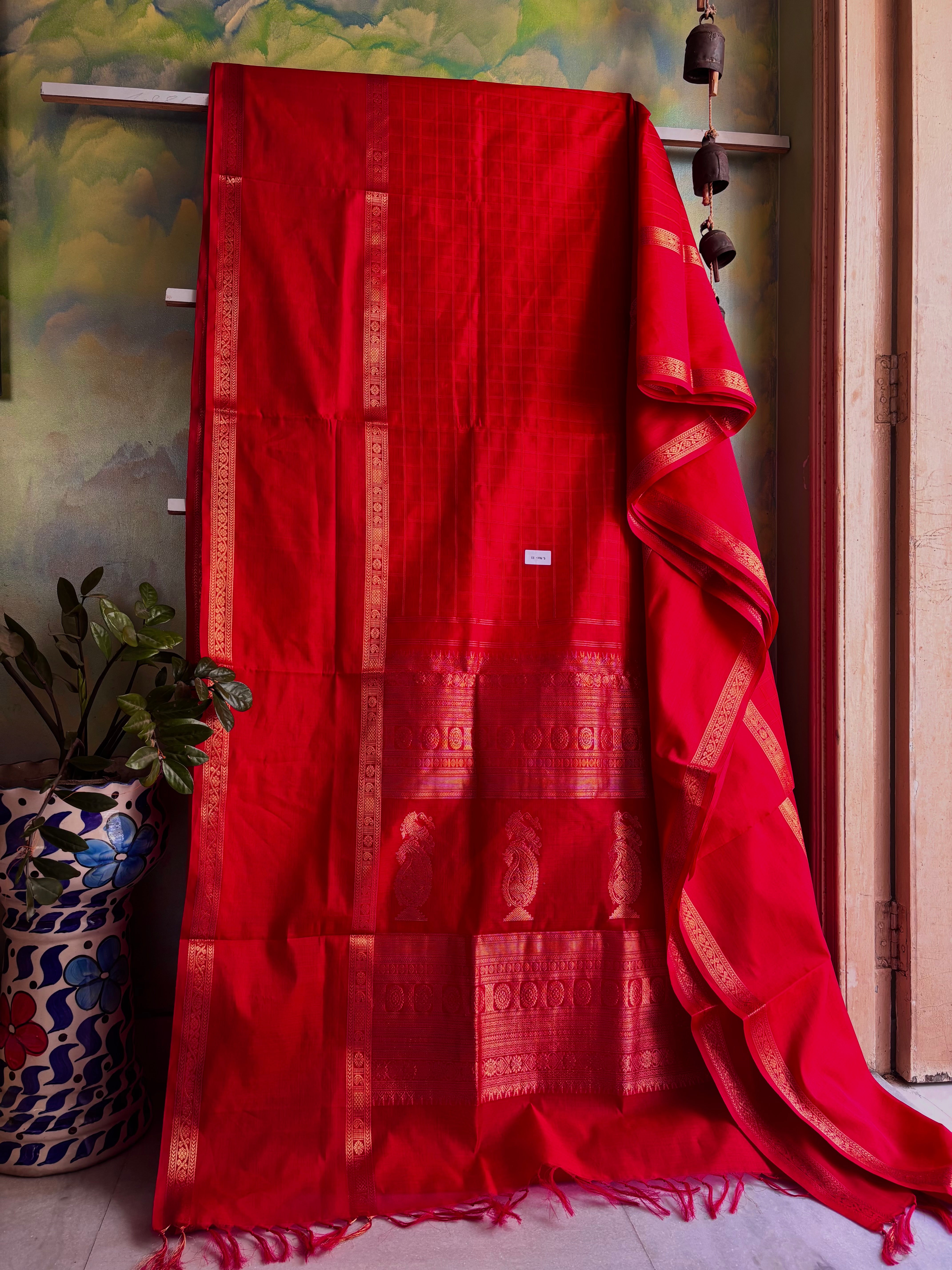 Handwoven Red Colour Pure Silk Cotton Kanchipuram Saree