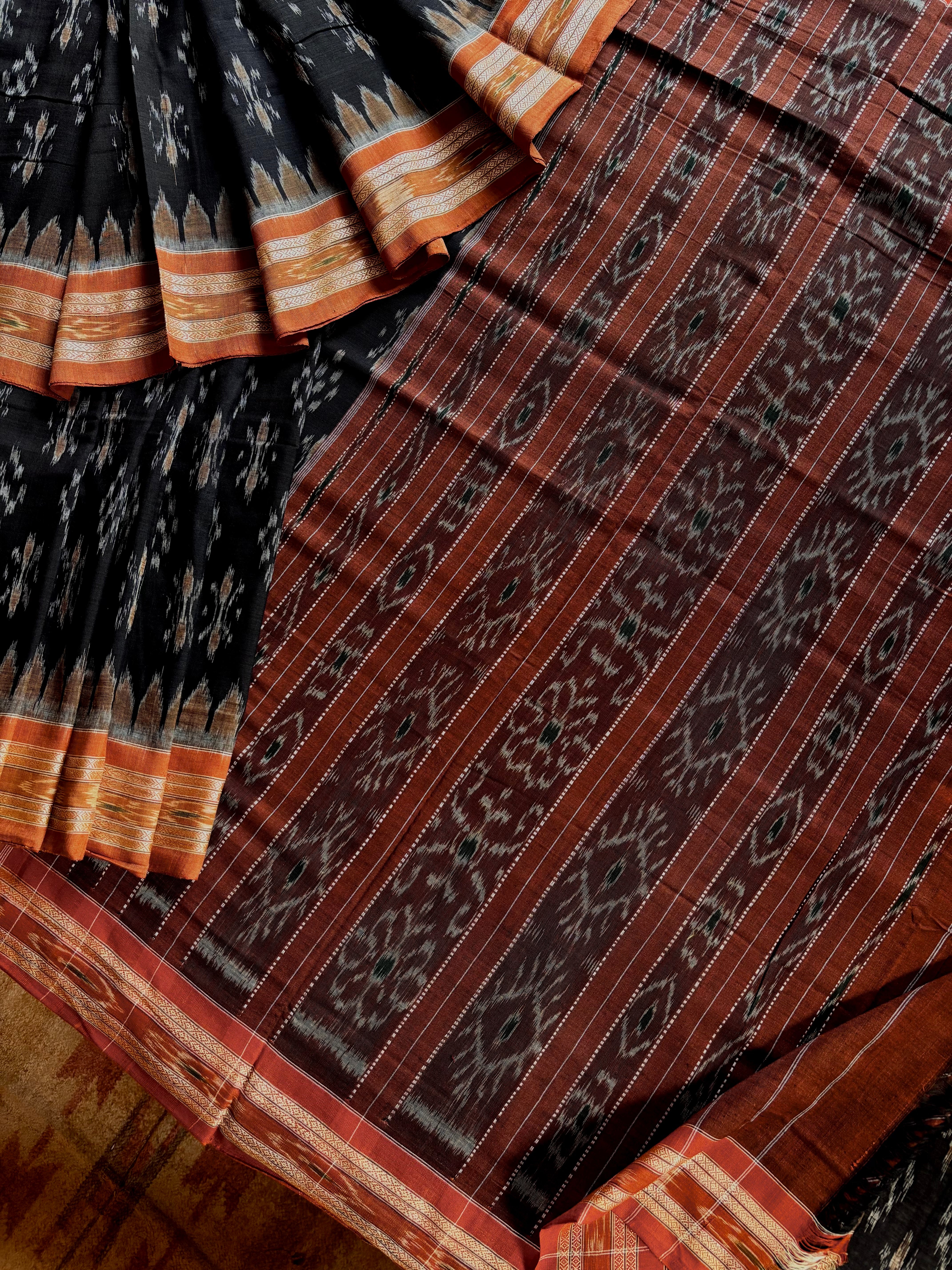 Handwoven Black Brown Odisha Cotton Ikkat Saree