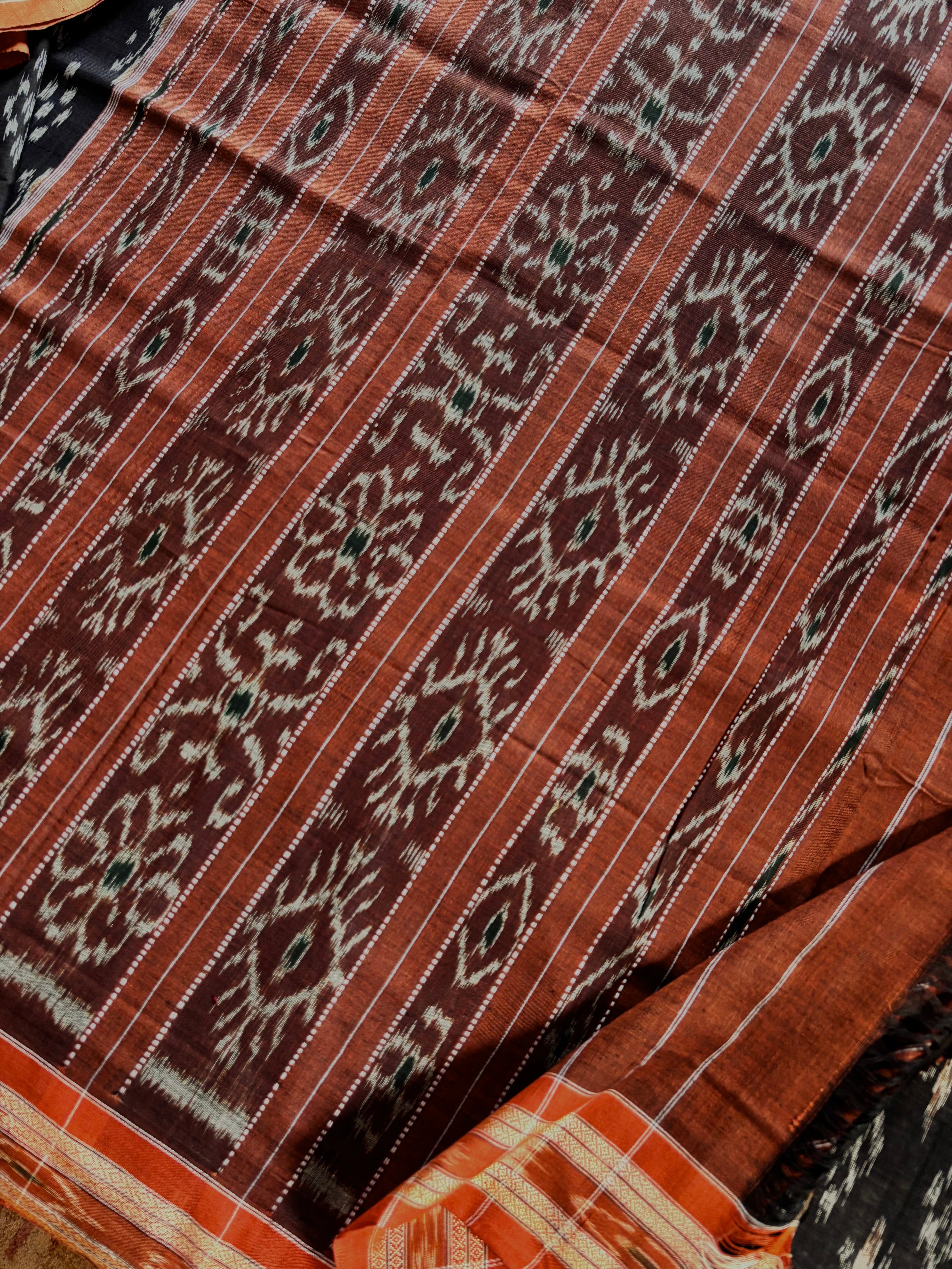 Handwoven Black Brown Odisha Cotton Ikkat Saree