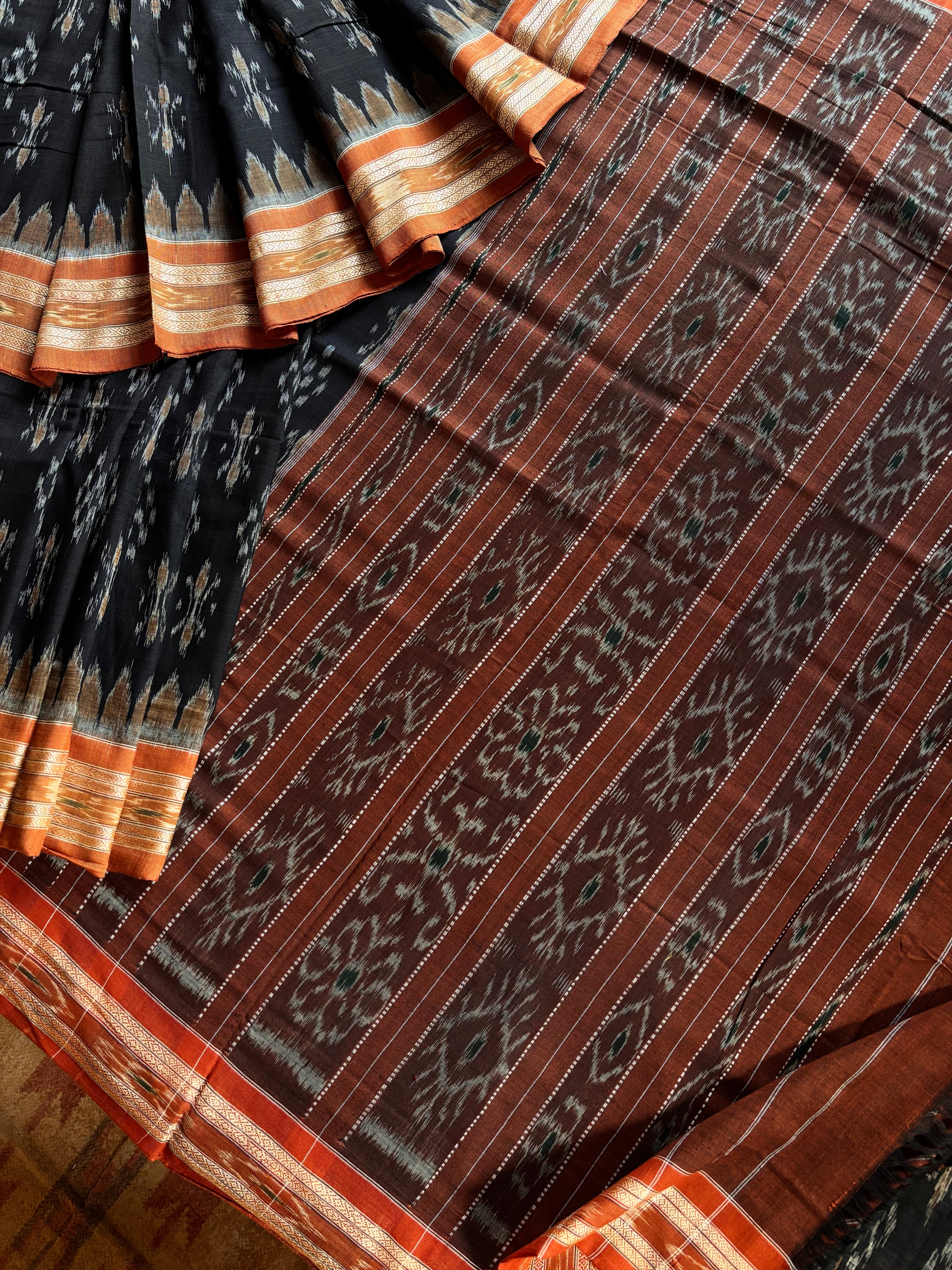Handwoven Black Brown Odisha Cotton Ikkat Saree