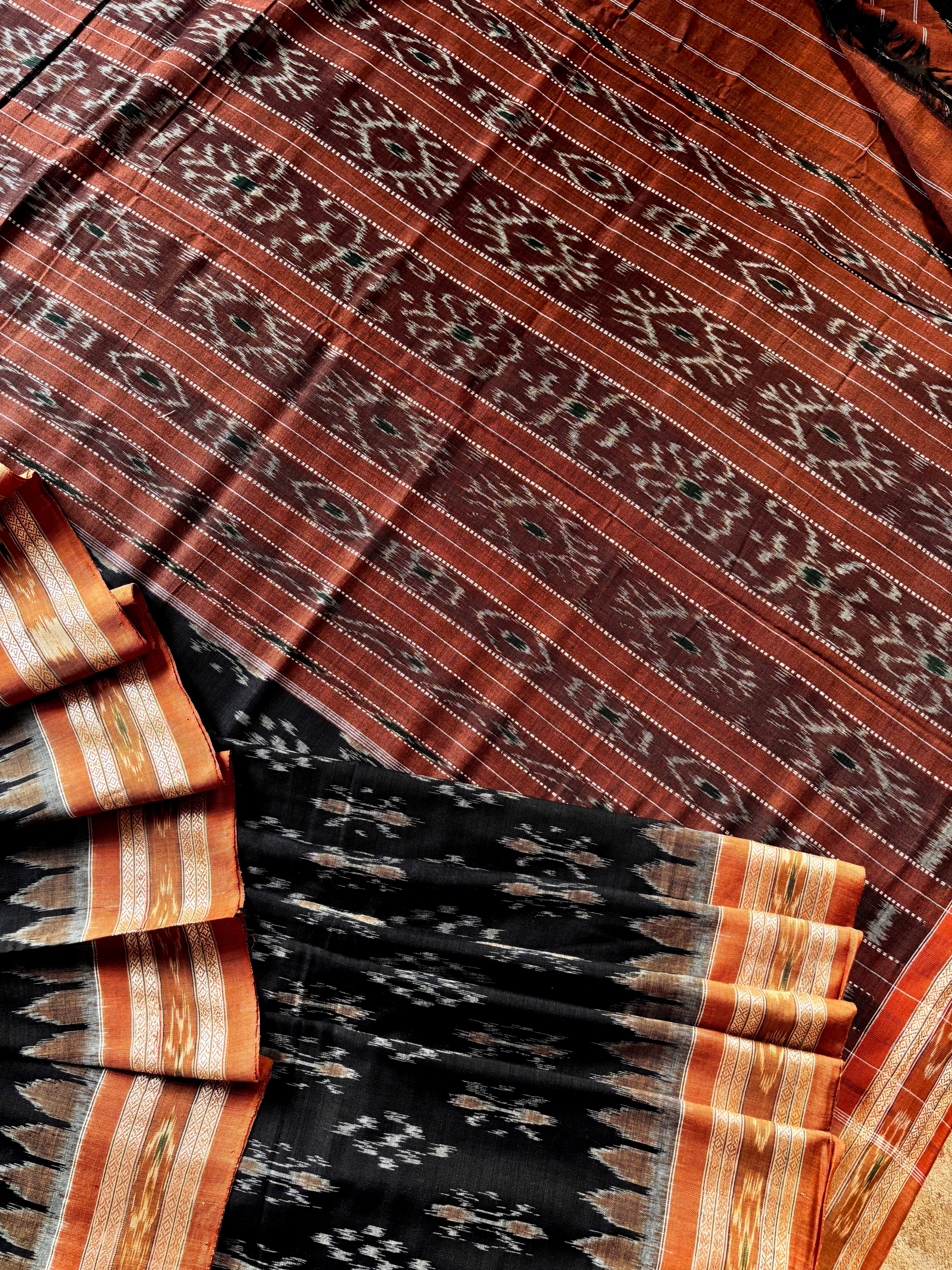 Handwoven Black Brown Odisha Cotton Ikkat Saree