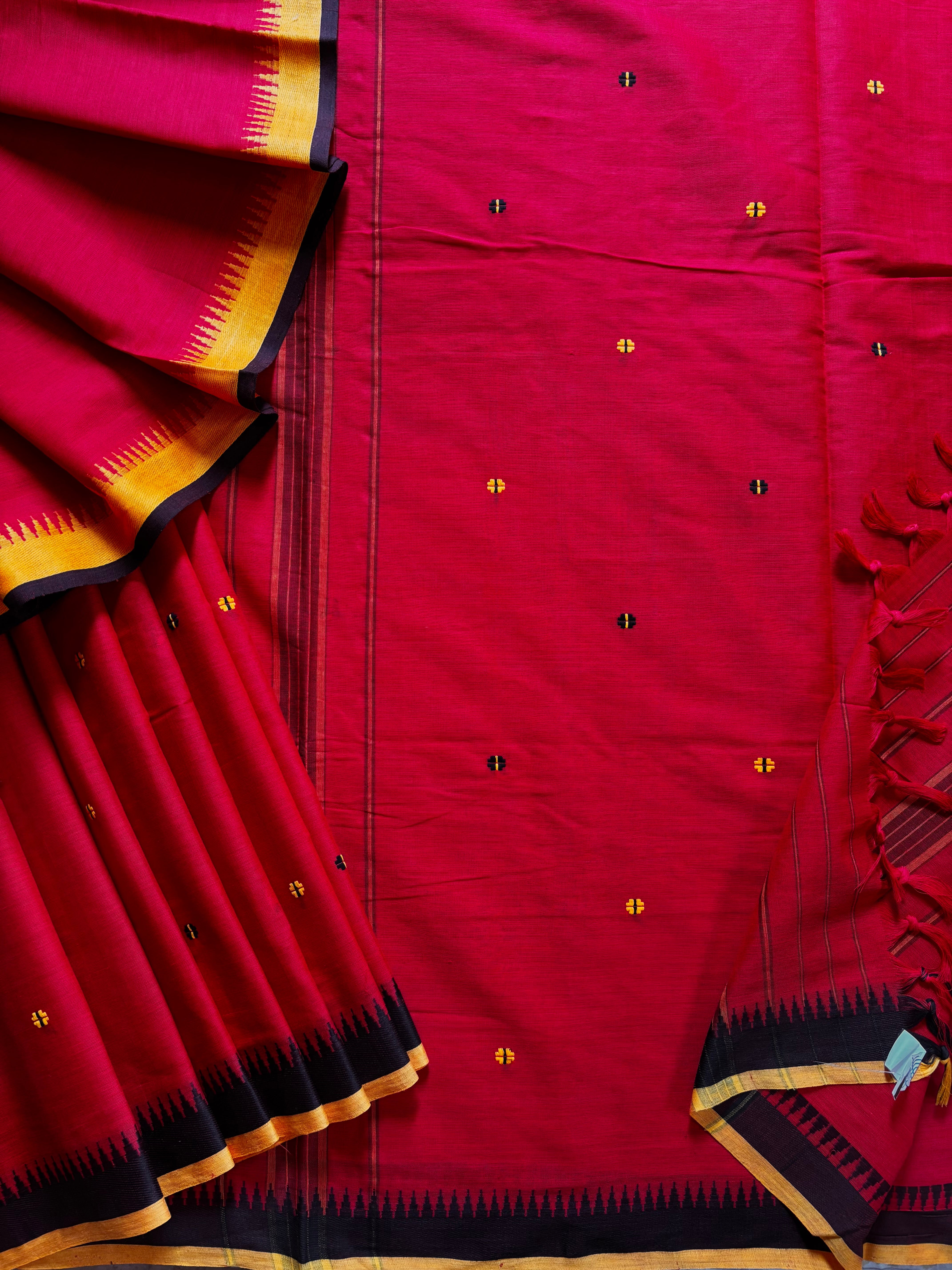 Handwoven Red Yellow Black Begampuri Pure Cotton Saree