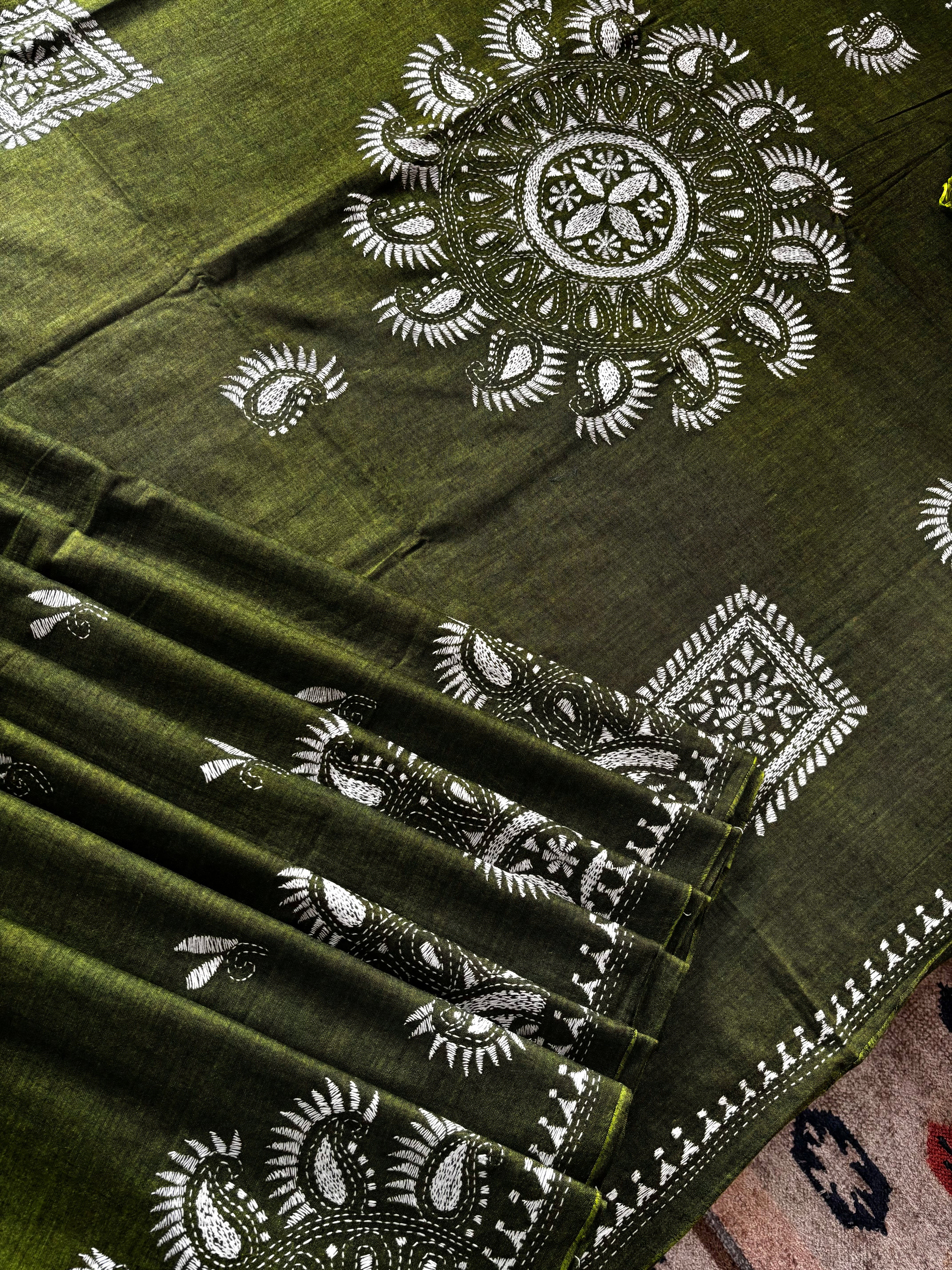 Handmade Dark Green Colour Cotton Kantha Saree