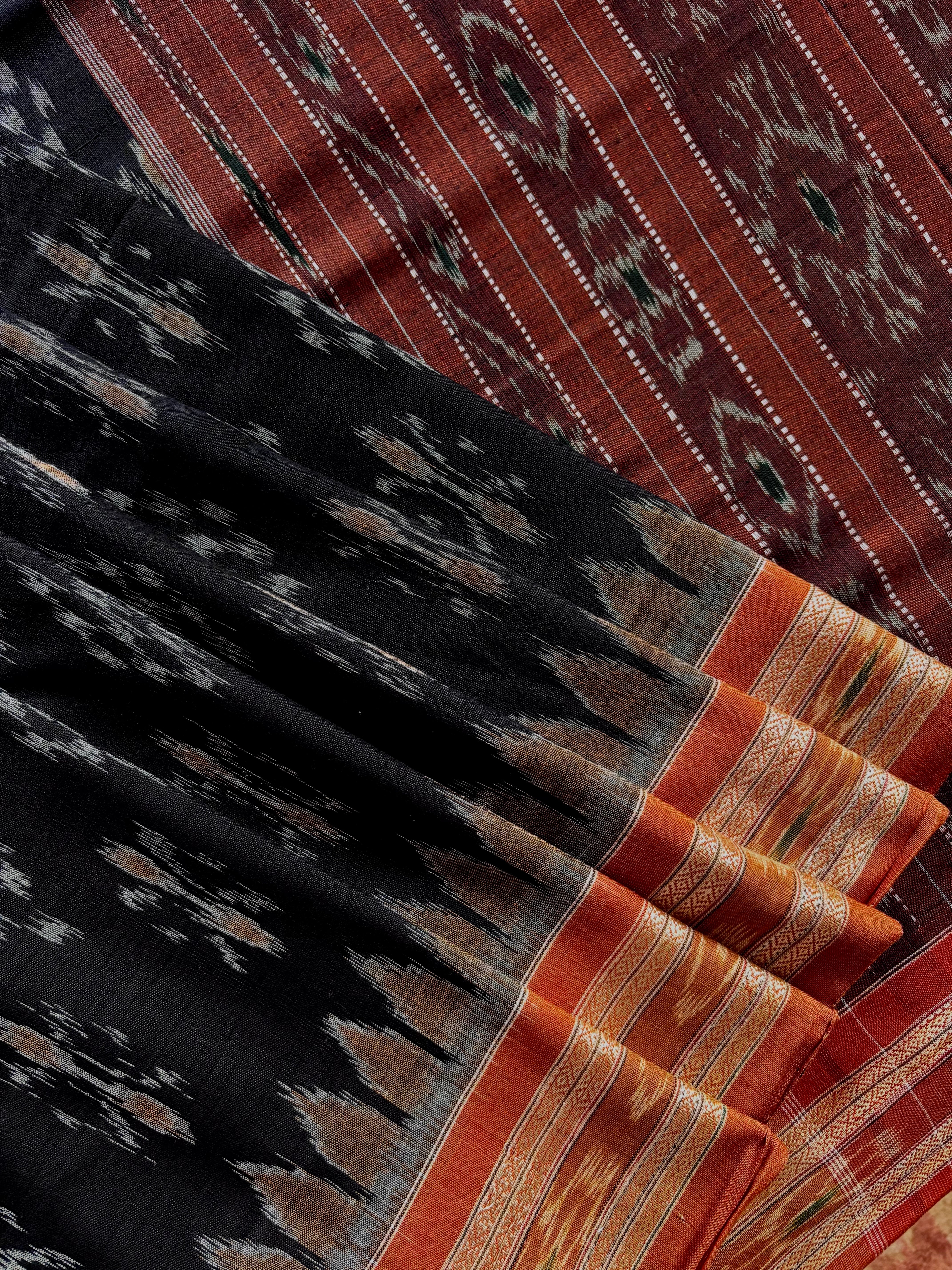 Handwoven Black Brown Odisha Cotton Ikkat Saree