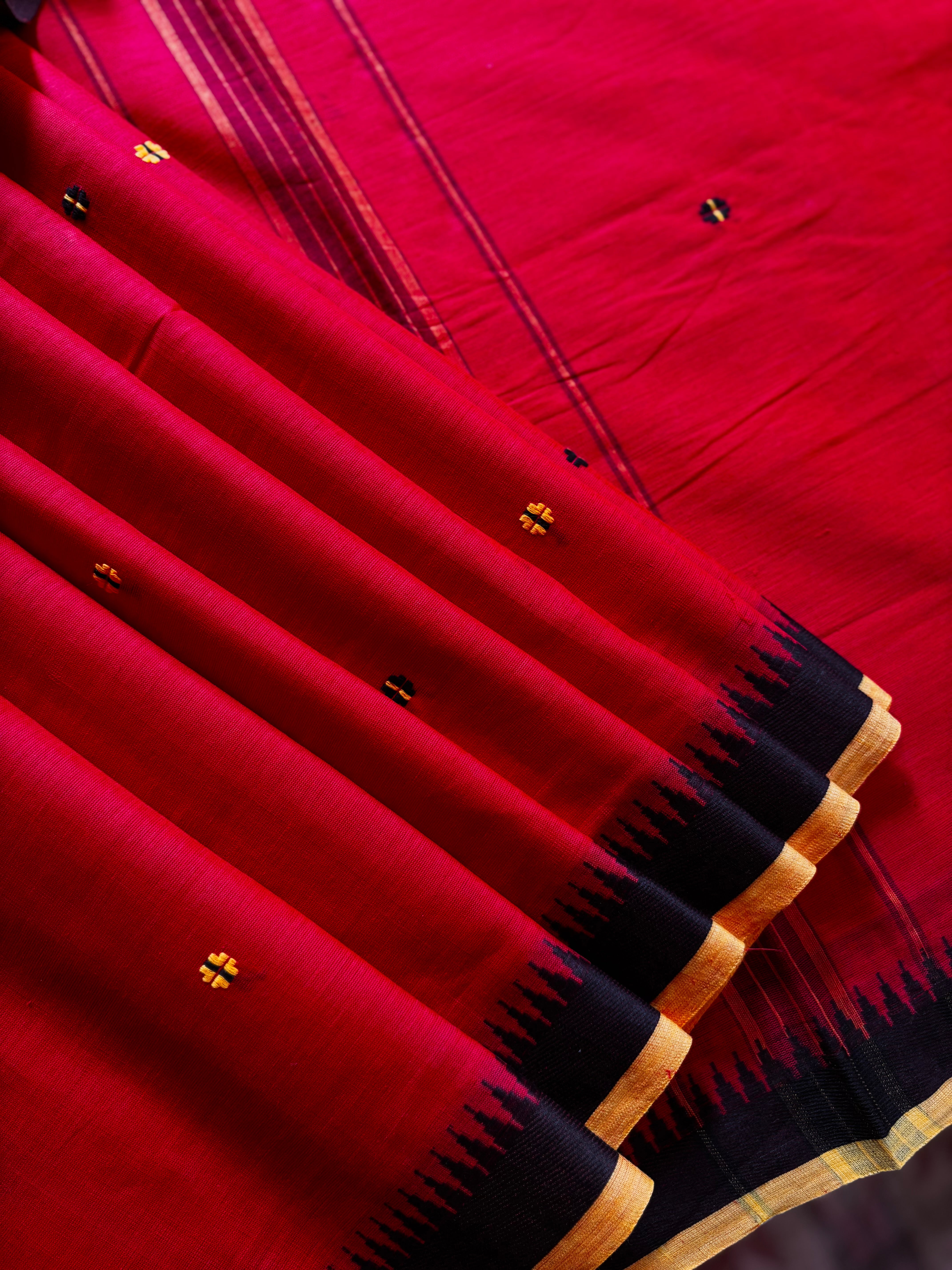 Handwoven Red Yellow Black Begampuri Pure Cotton Saree