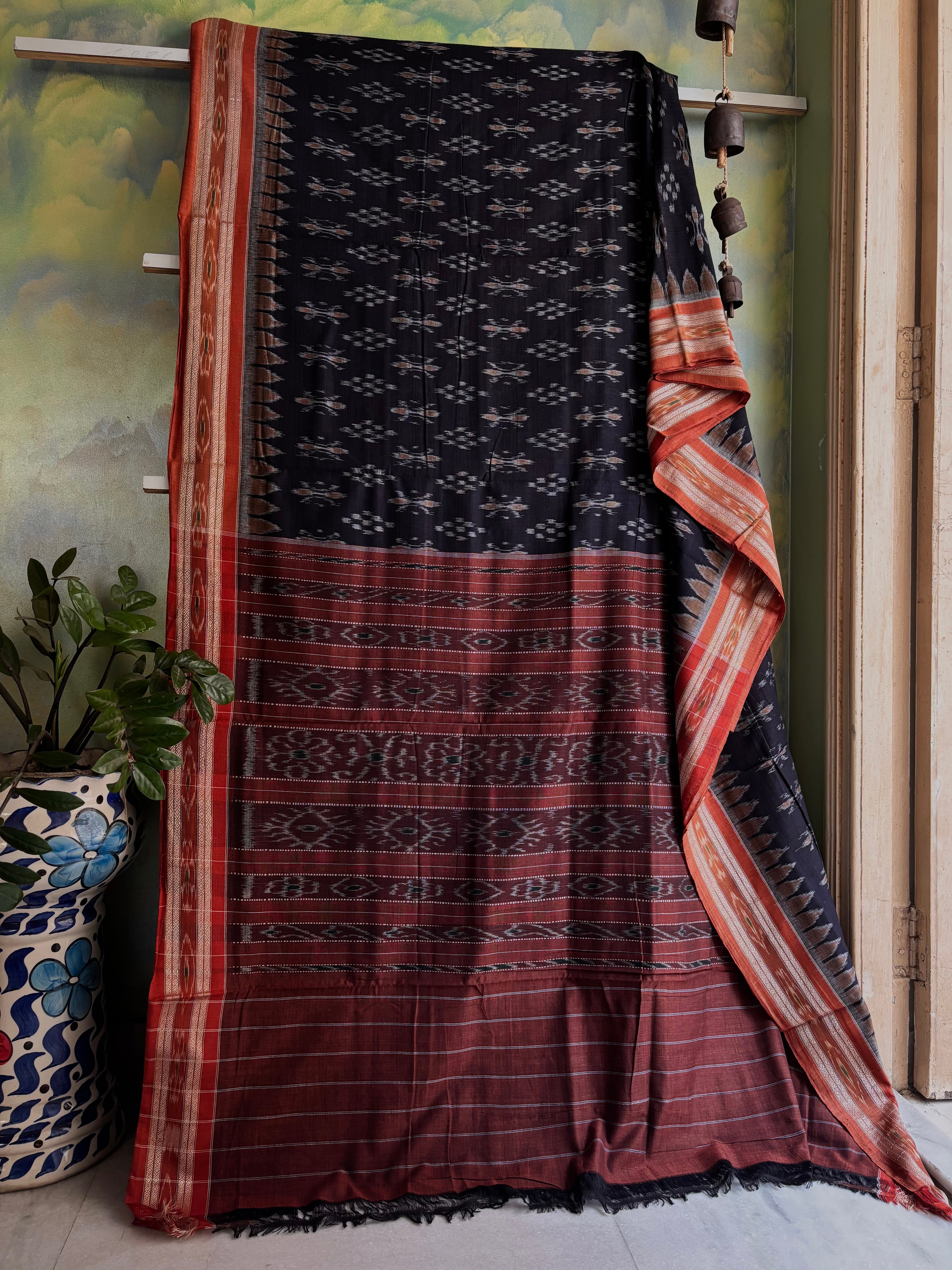 Handwoven Black Brown Odisha Cotton Ikkat Saree