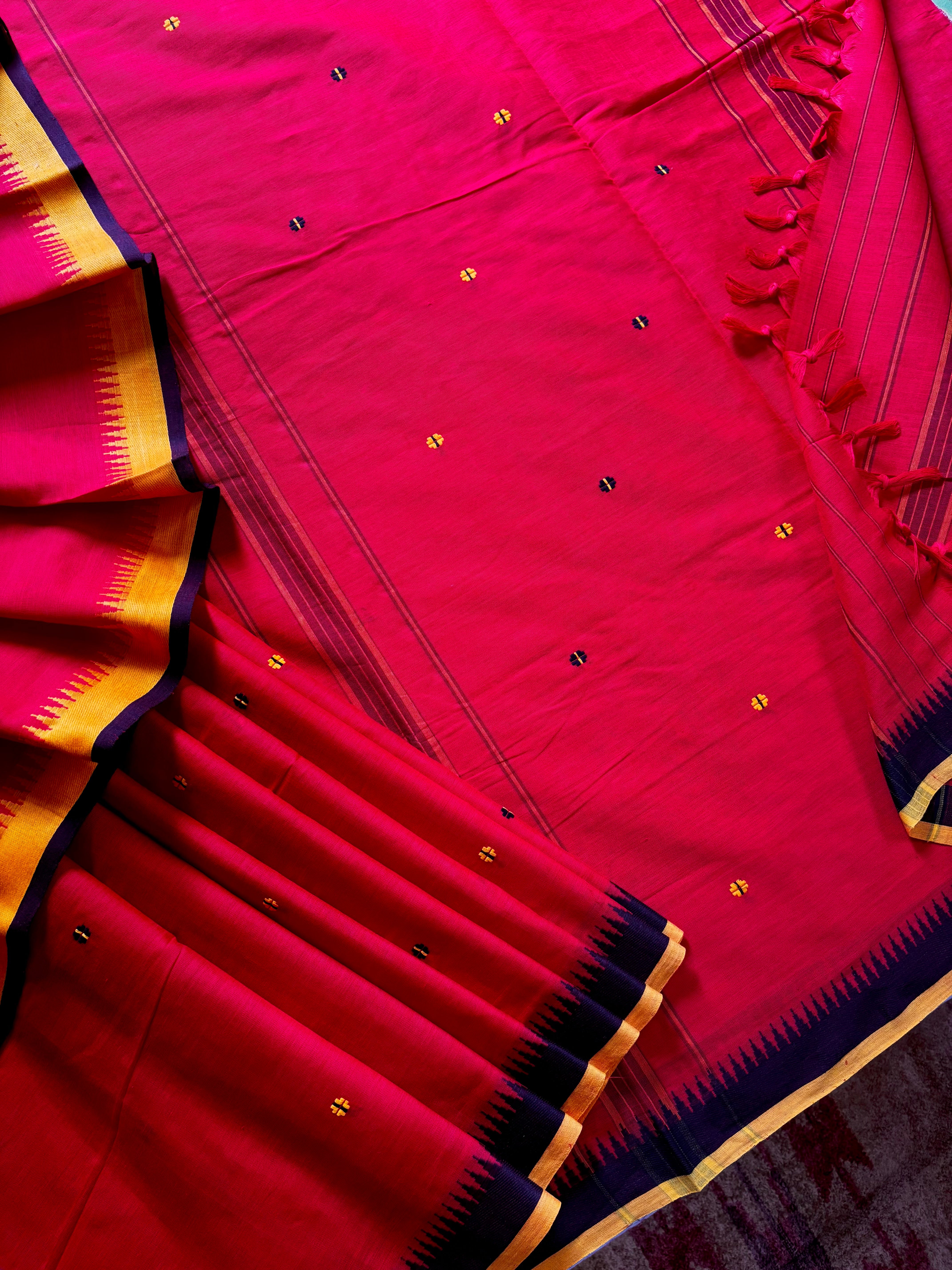 Handwoven Red Yellow Black Begampuri Pure Cotton Saree