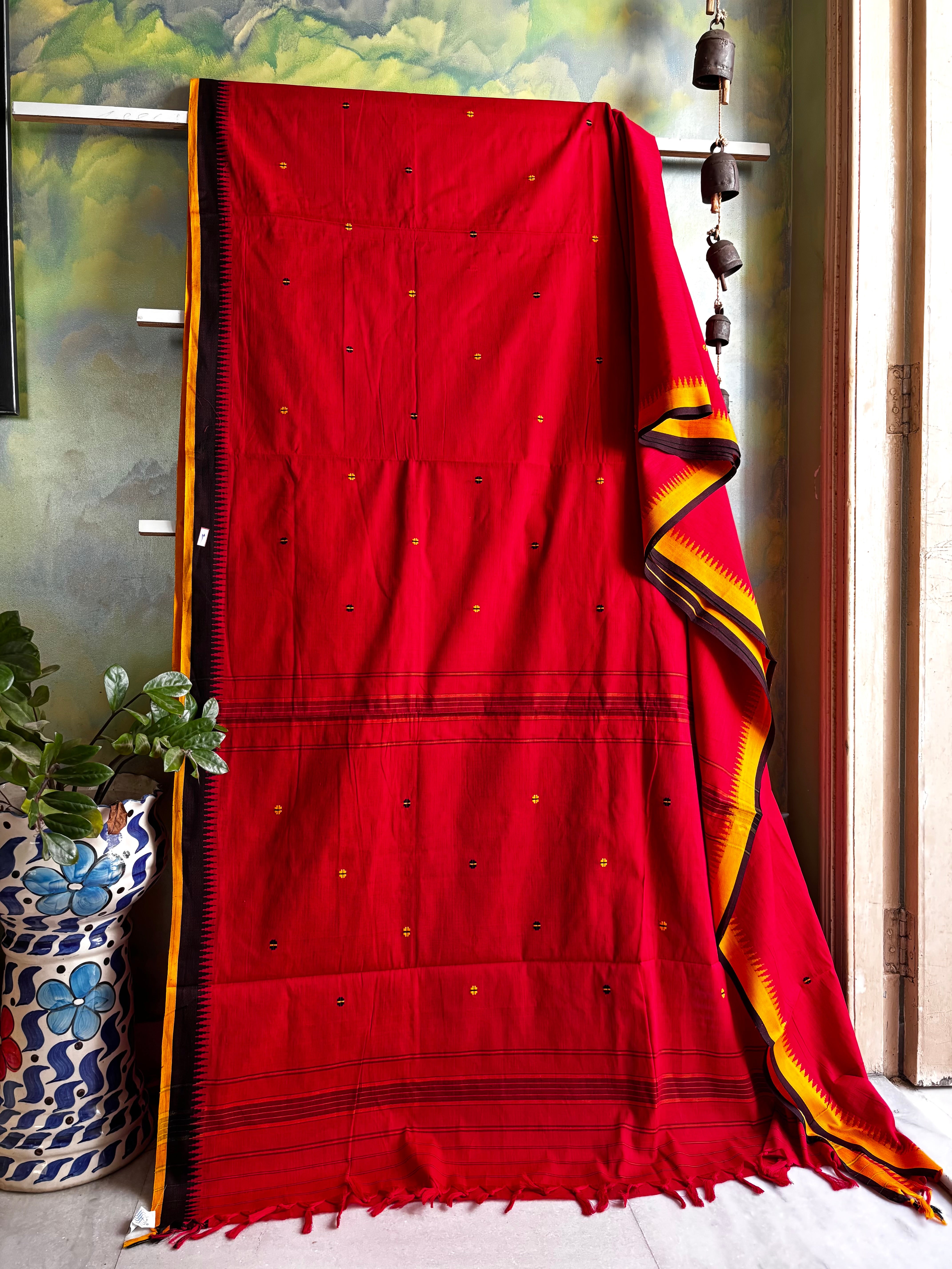 Handwoven Red Yellow Black Begampuri Pure Cotton Saree