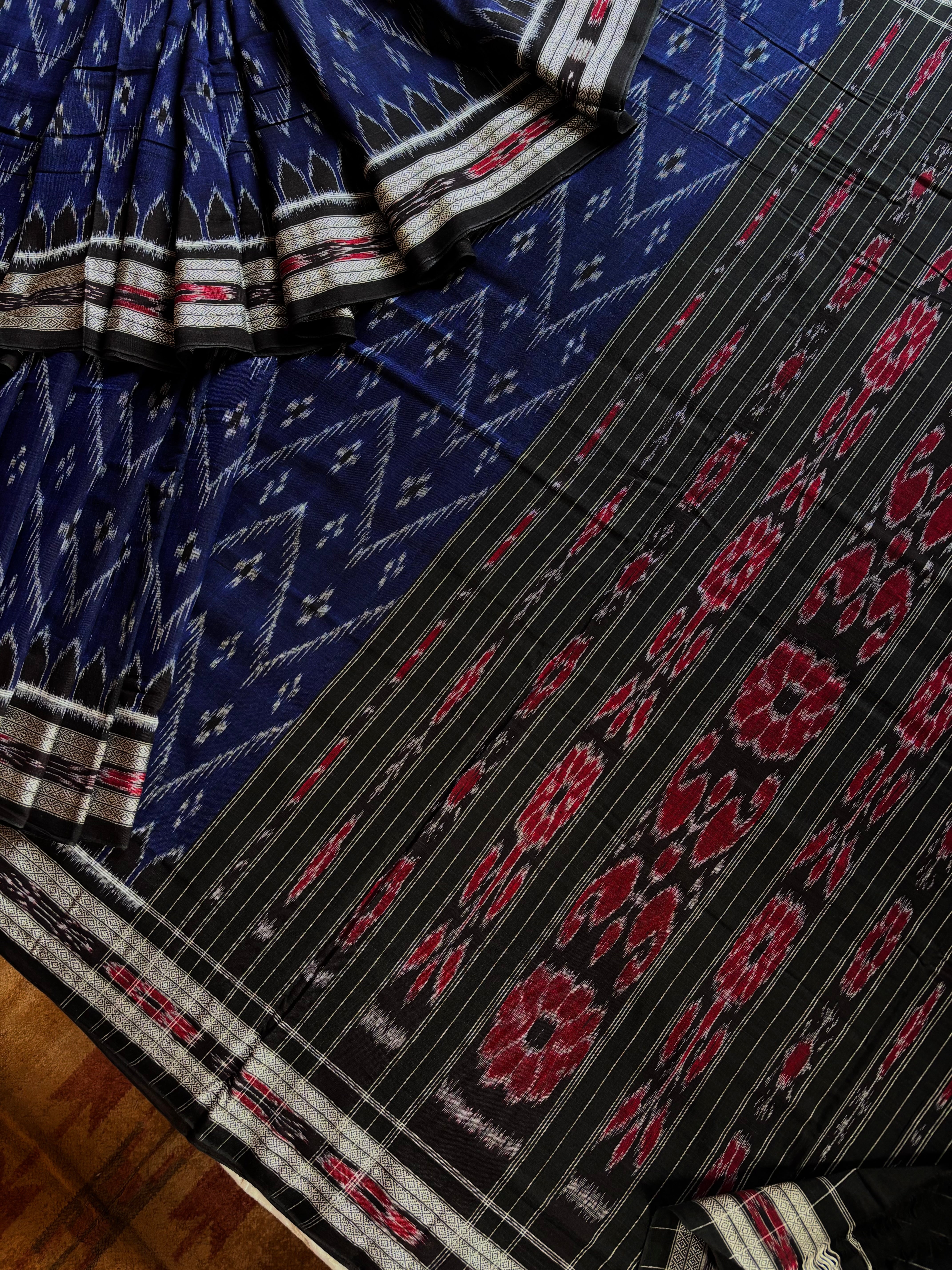 Handwoven Blue Black Odisha Cotton Ikkat Saree