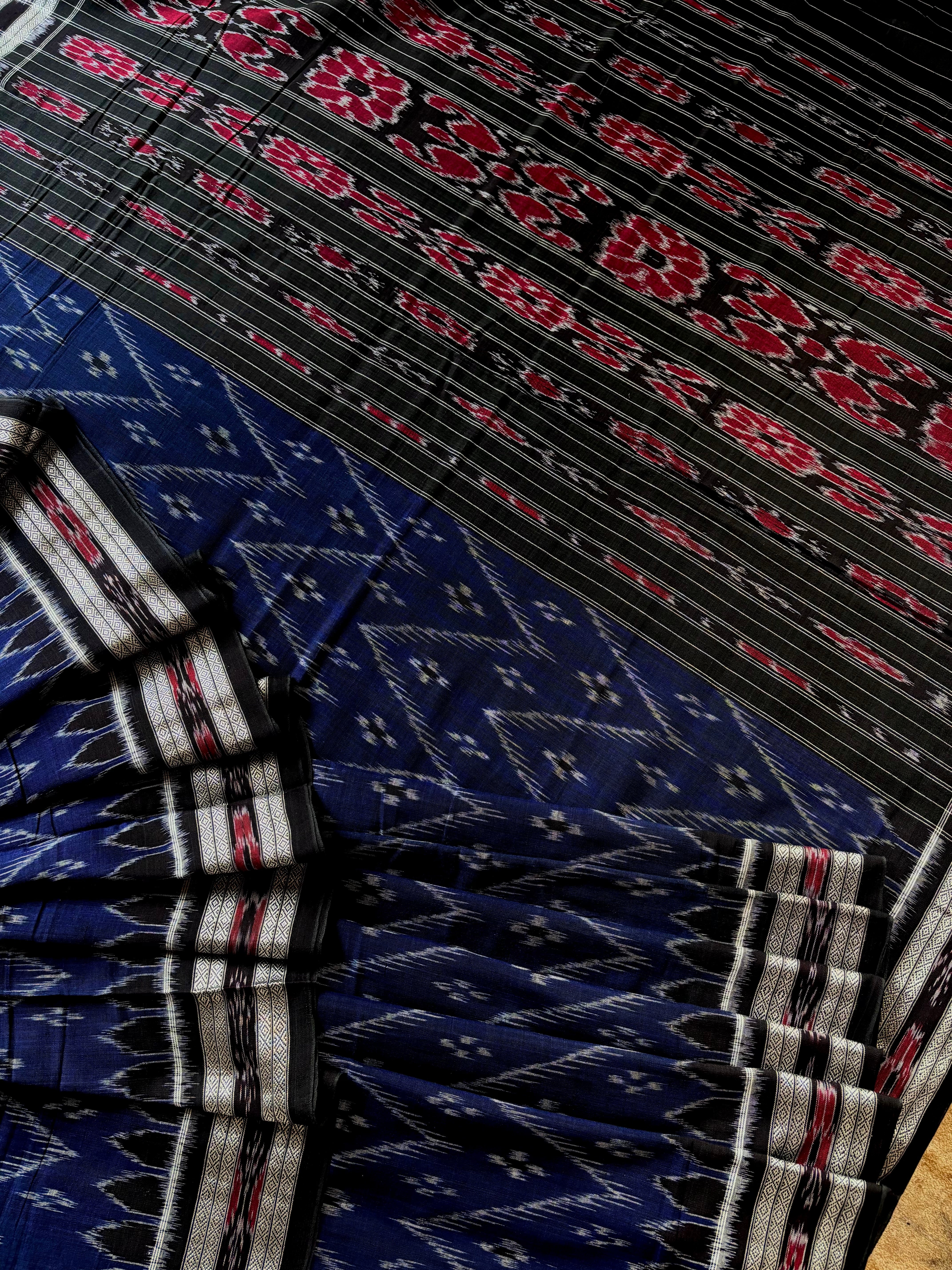 Handwoven Blue Black Odisha Cotton Ikkat Saree