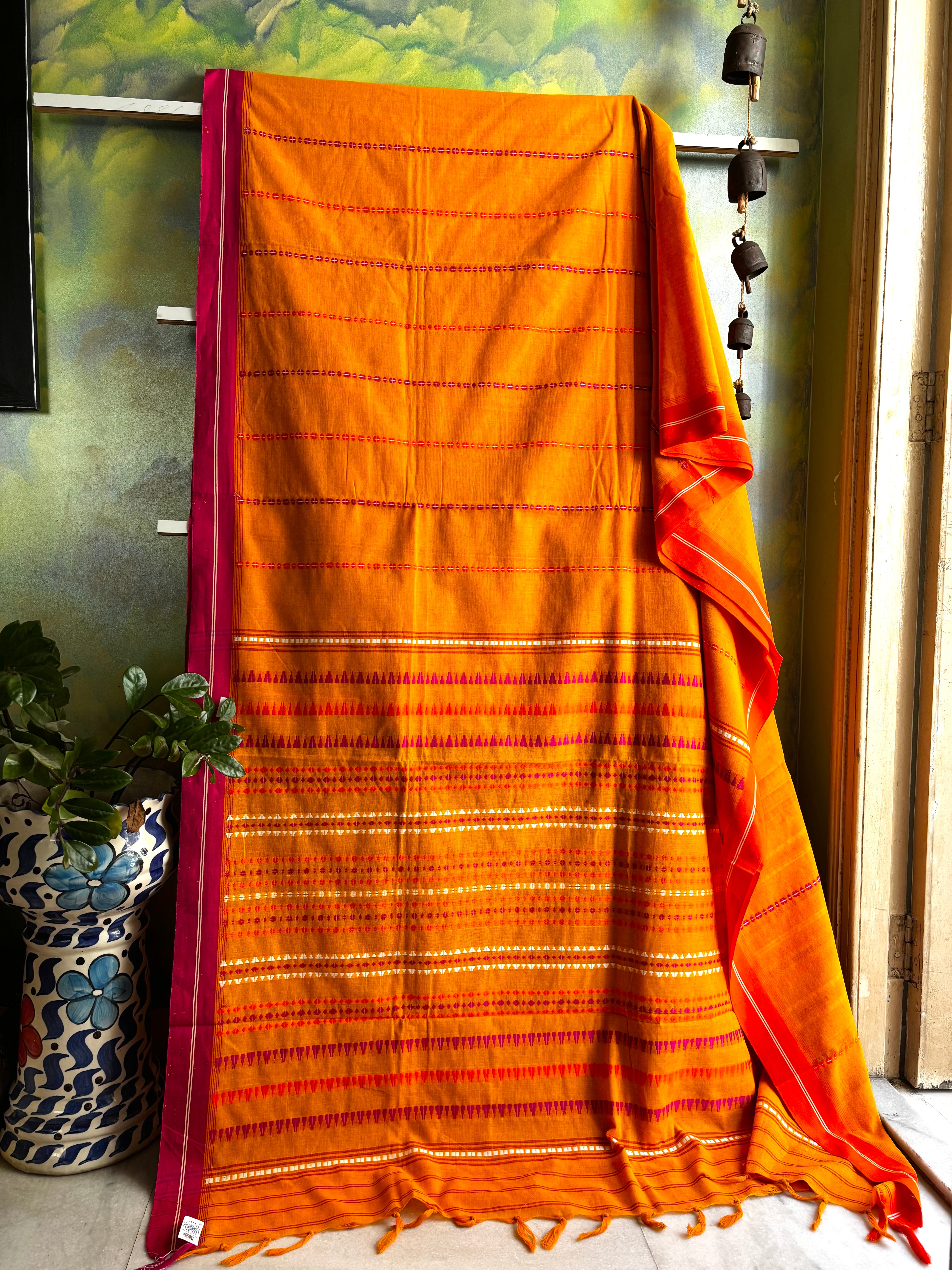 Handwoven Orangish Yellow Begampuri Pure Cotton Saree
