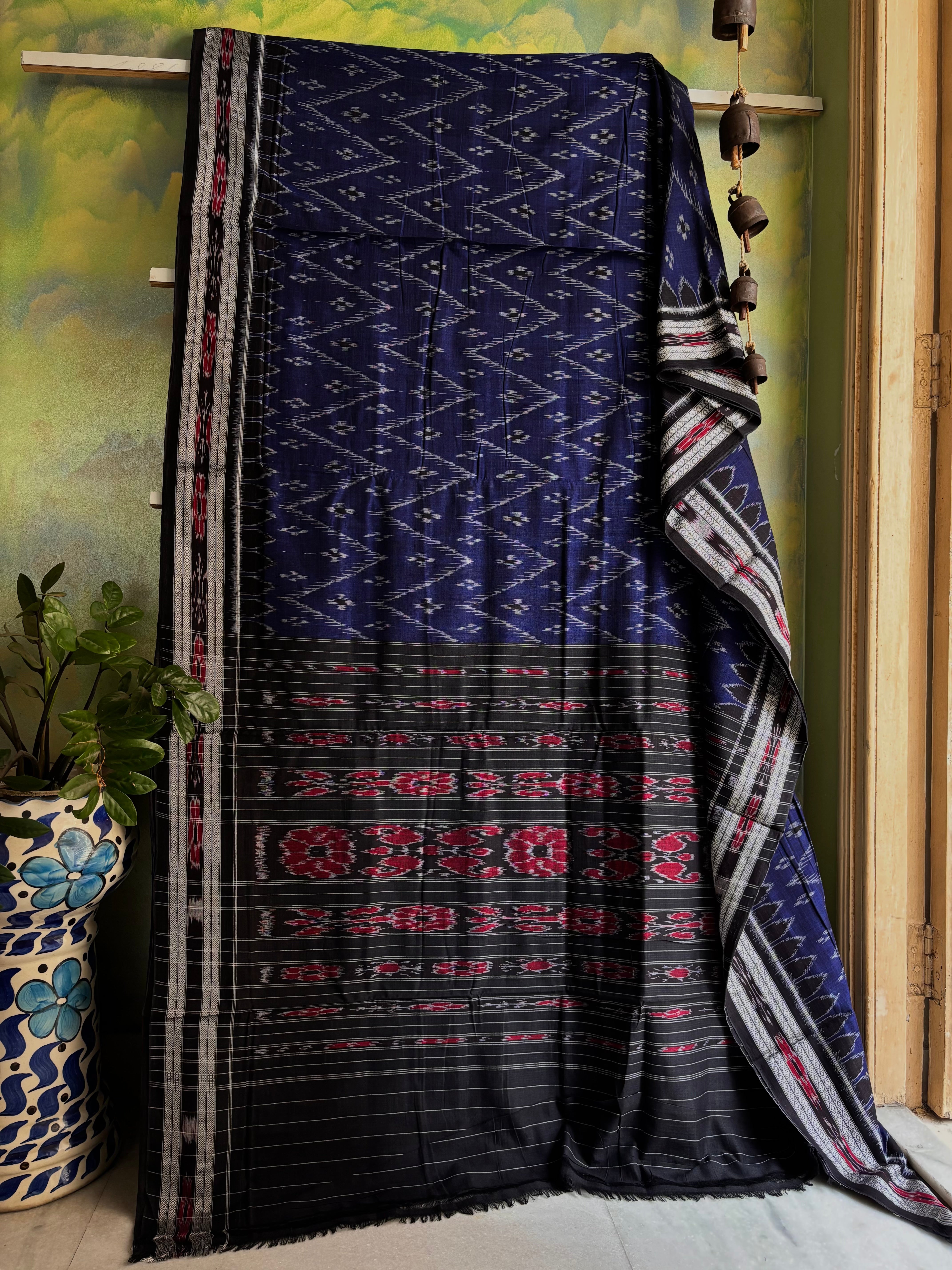 Handwoven Blue Black Odisha Cotton Ikkat Saree