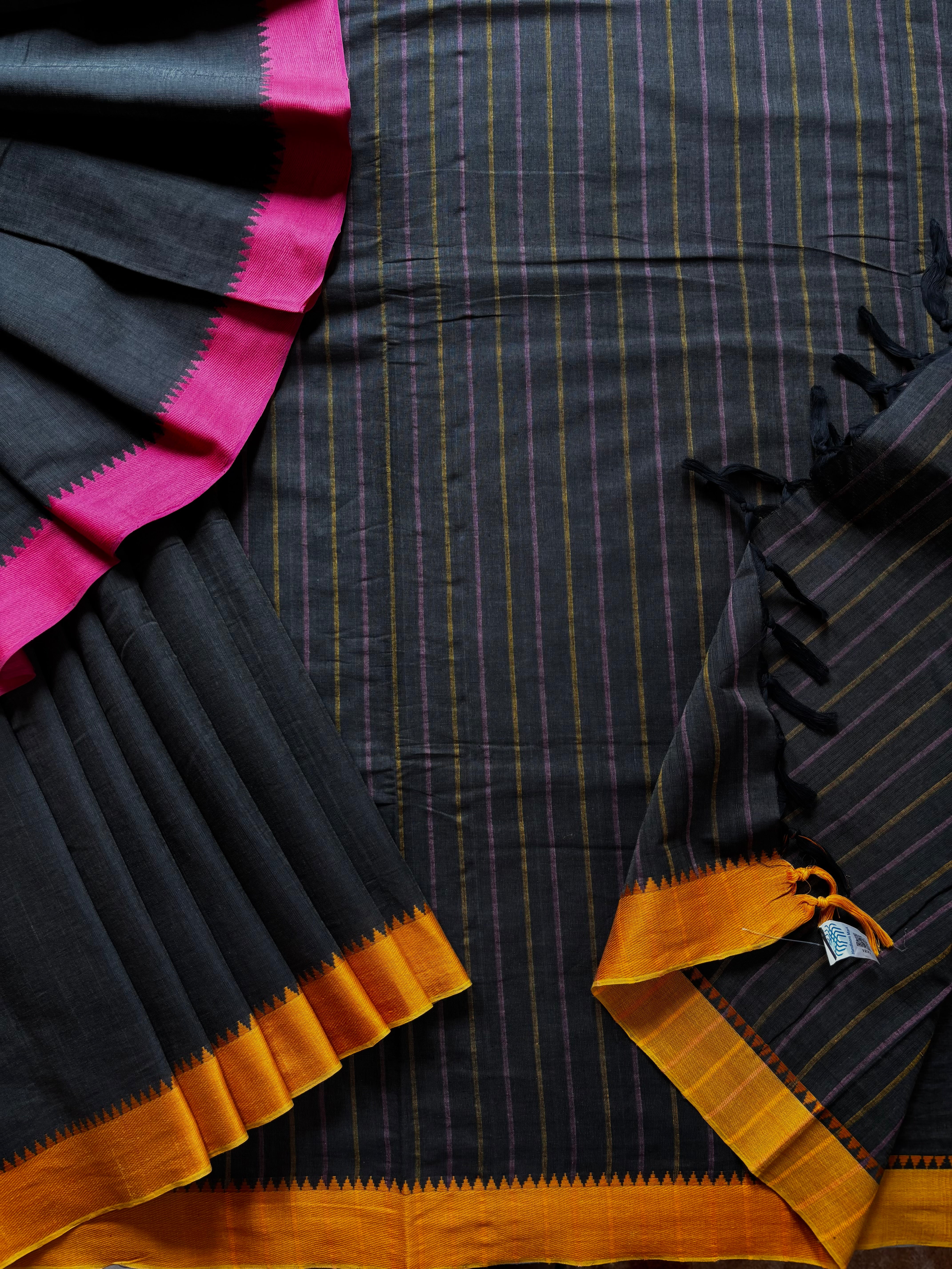 Handwoven Charcoal Grey Begampuri Pure Cotton Saree