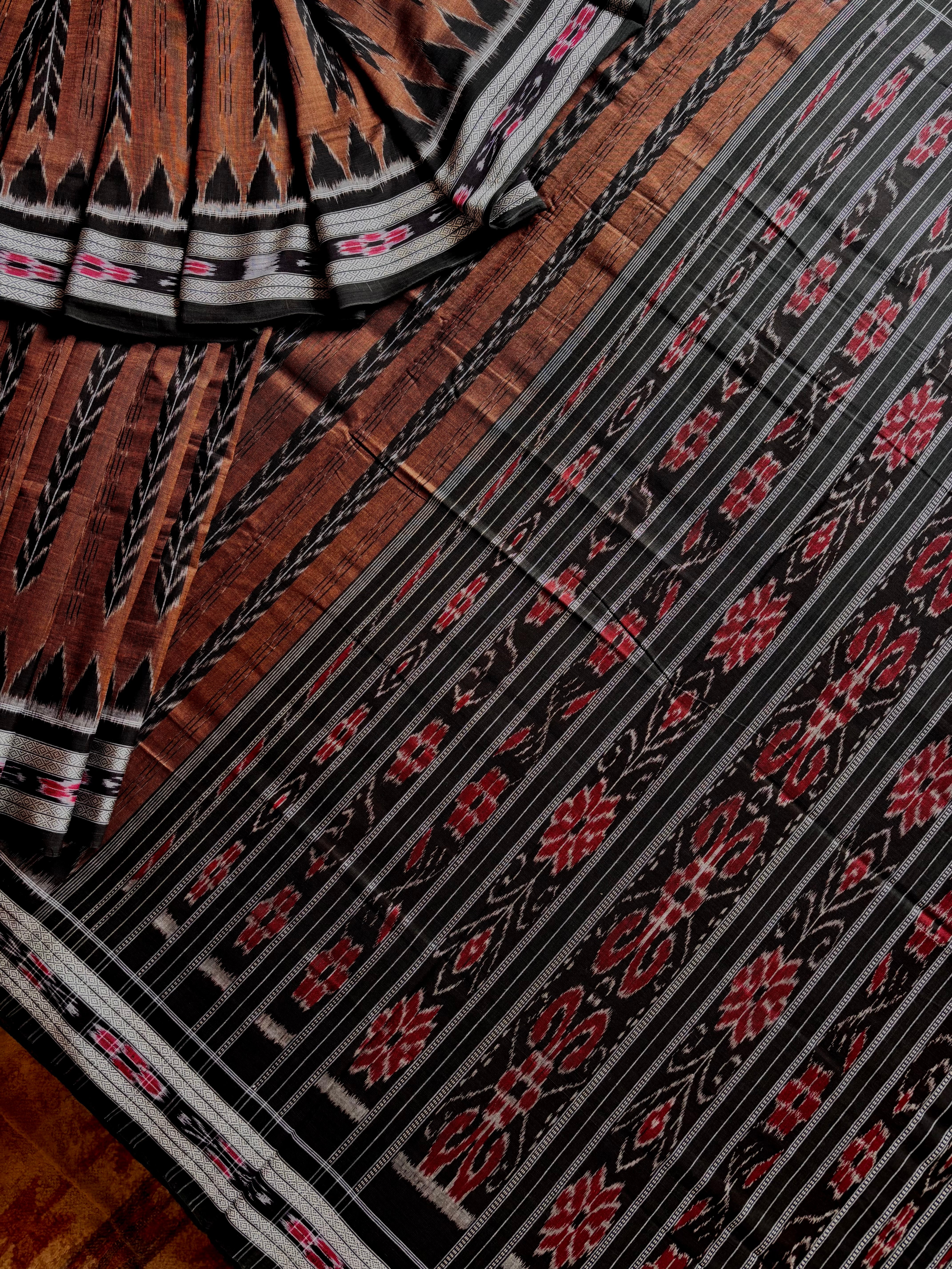 Handwoven Brown Black Odisha Cotton Ikkat Saree