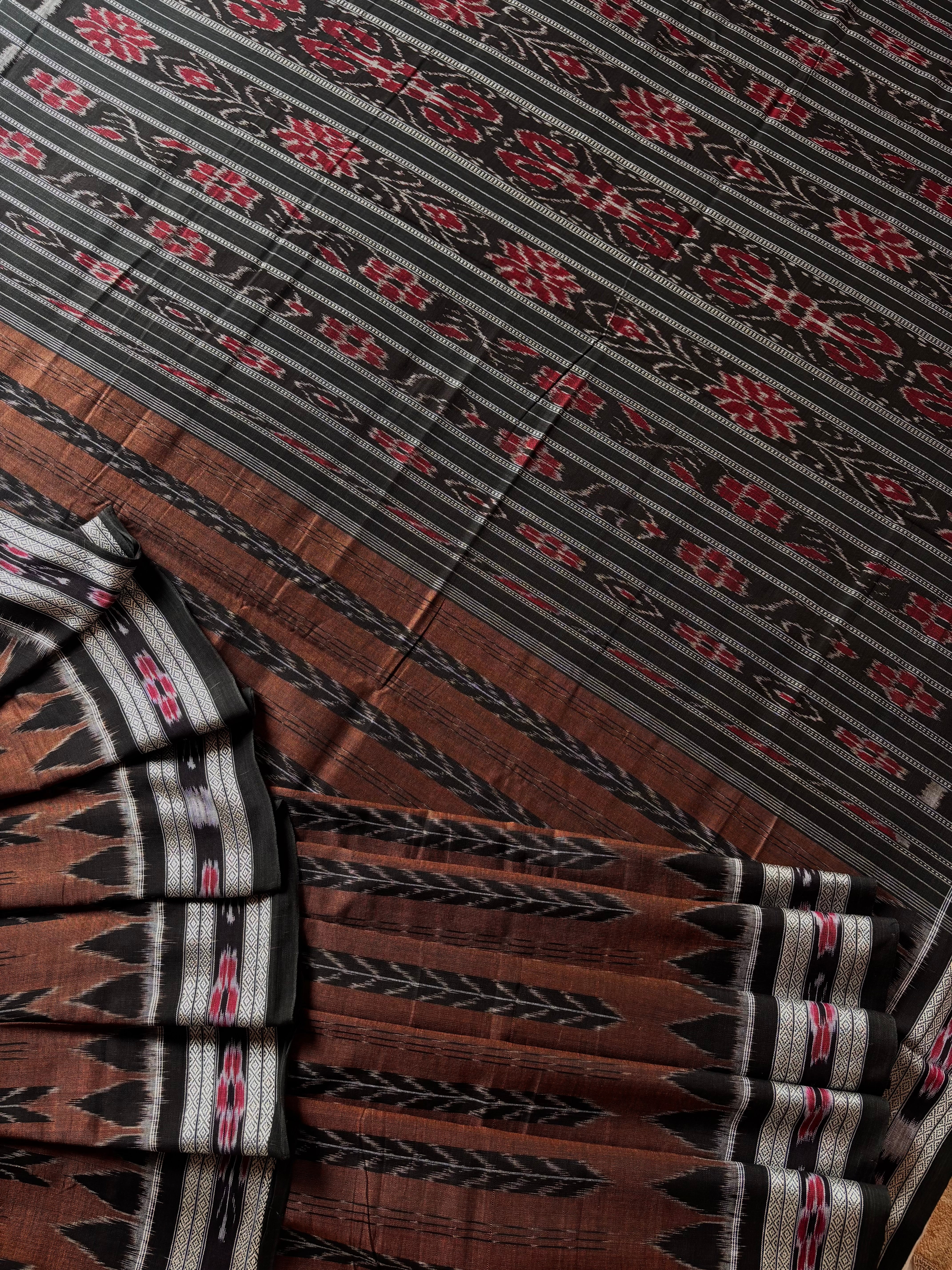 Handwoven Brown Black Odisha Cotton Ikkat Saree