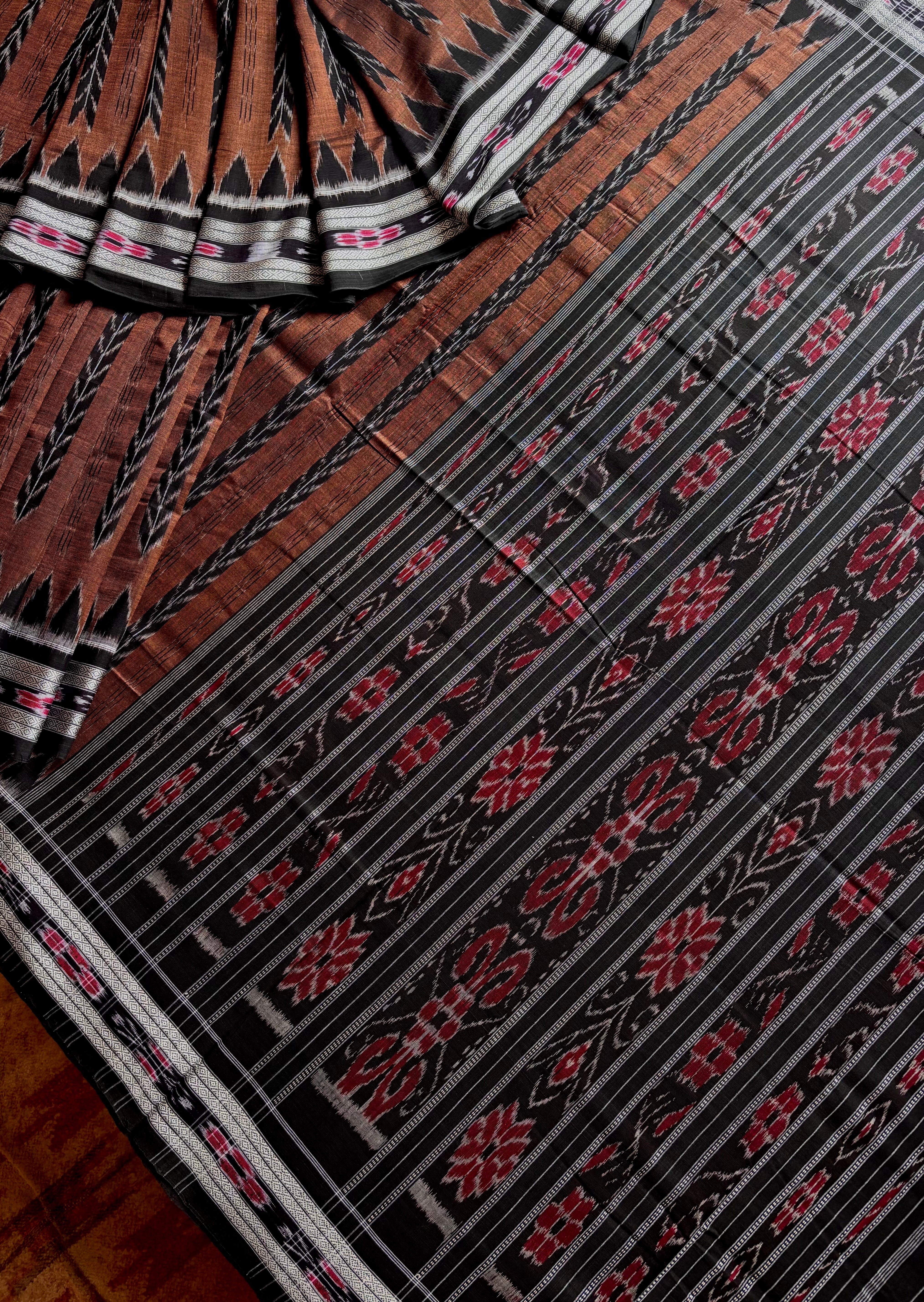 Handwoven Brown Black Odisha Cotton Ikkat Saree