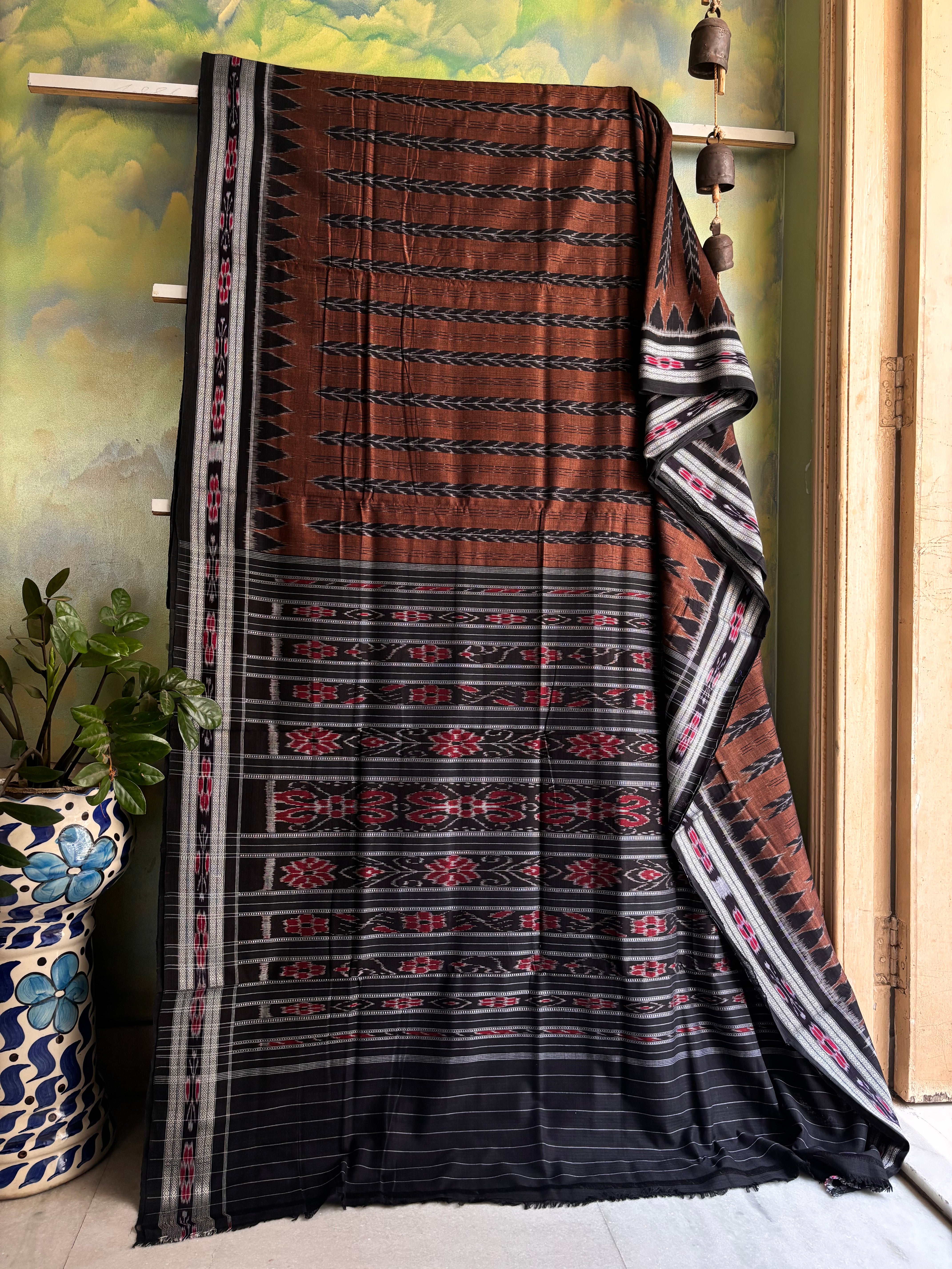 Handwoven Brown Black Odisha Cotton Ikkat Saree