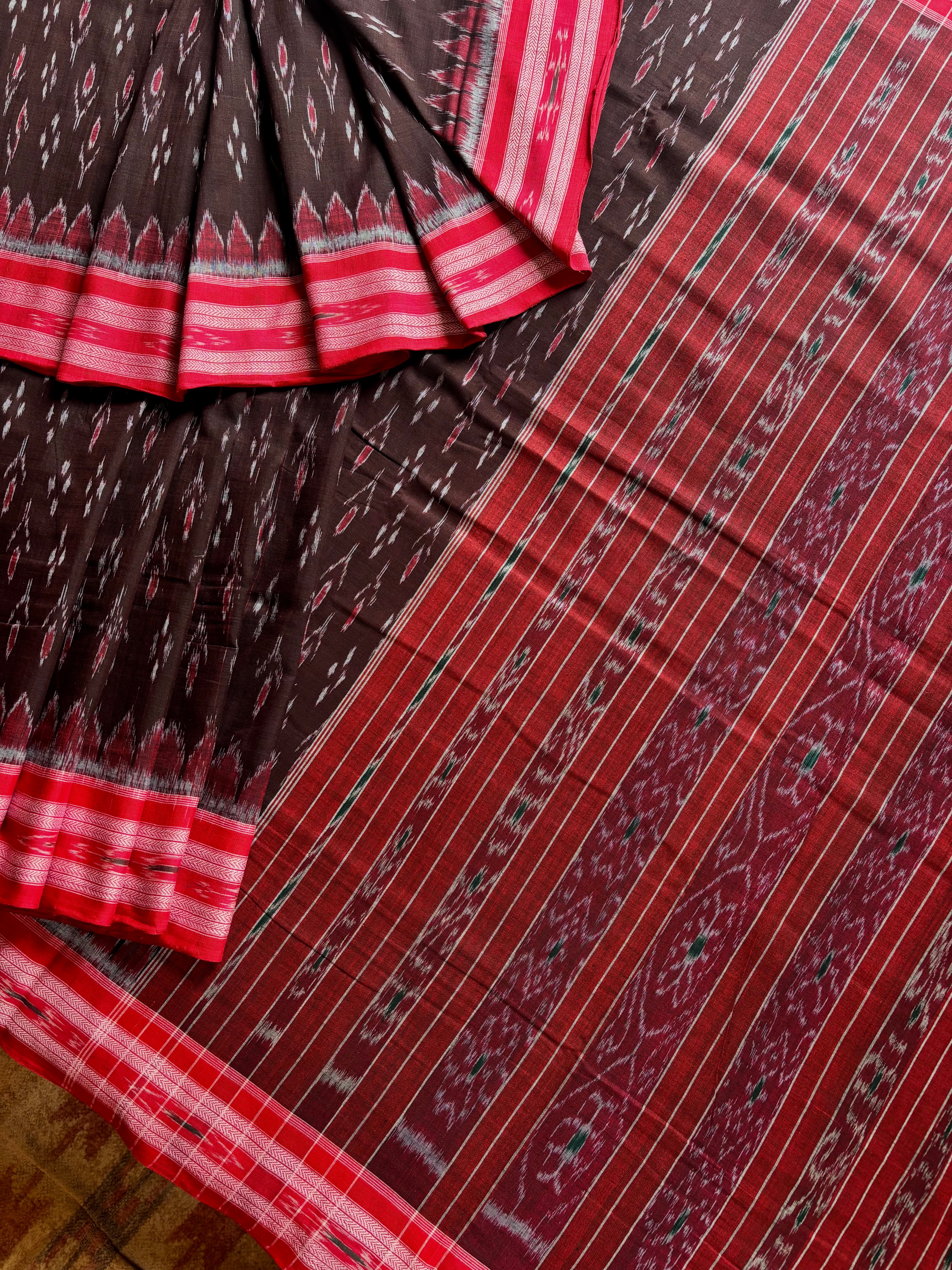 Handwoven Garnet Red Odisha Cotton Ikkat Saree