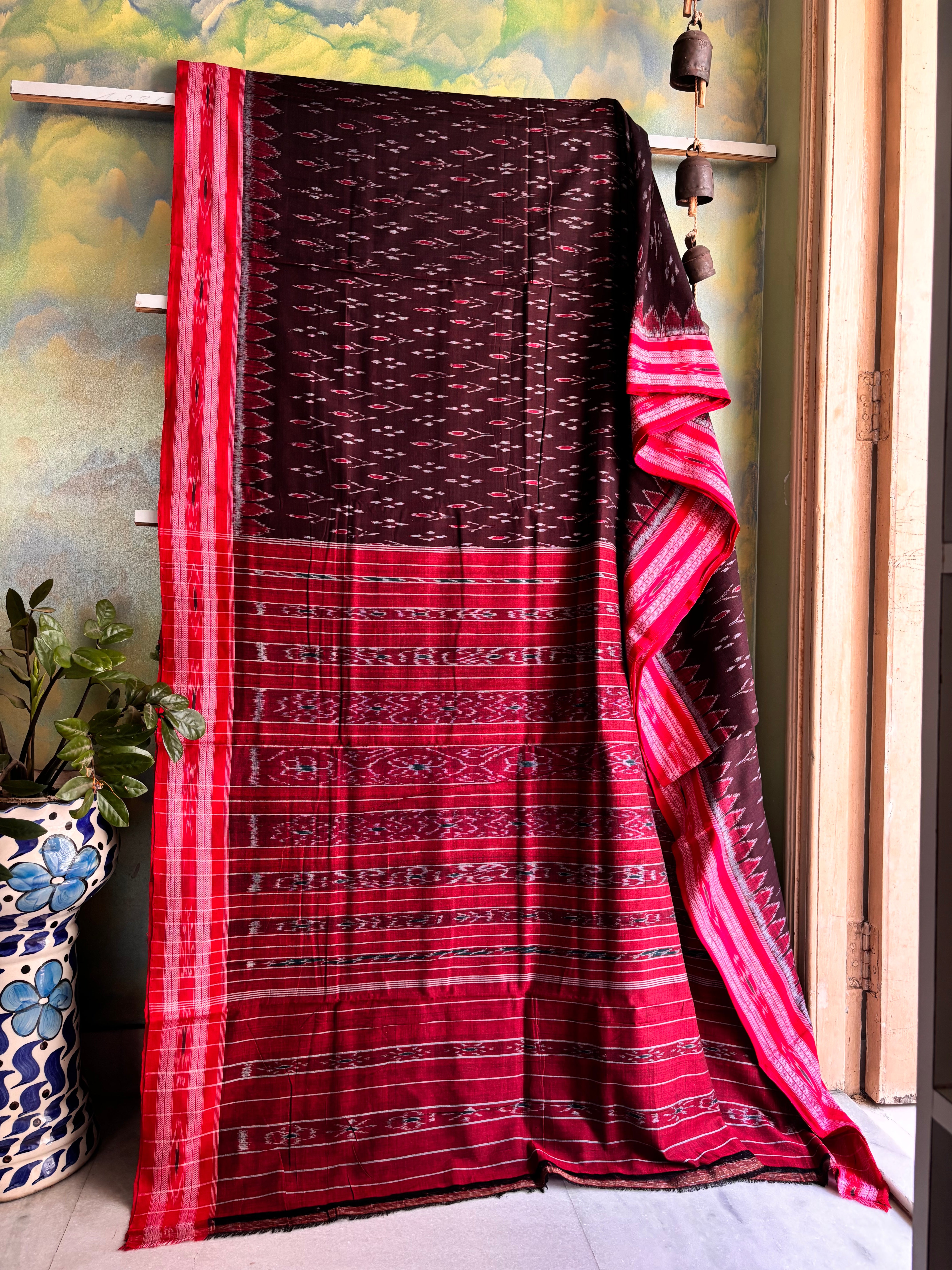 Handwoven Garnet Red Odisha Cotton Ikkat Saree