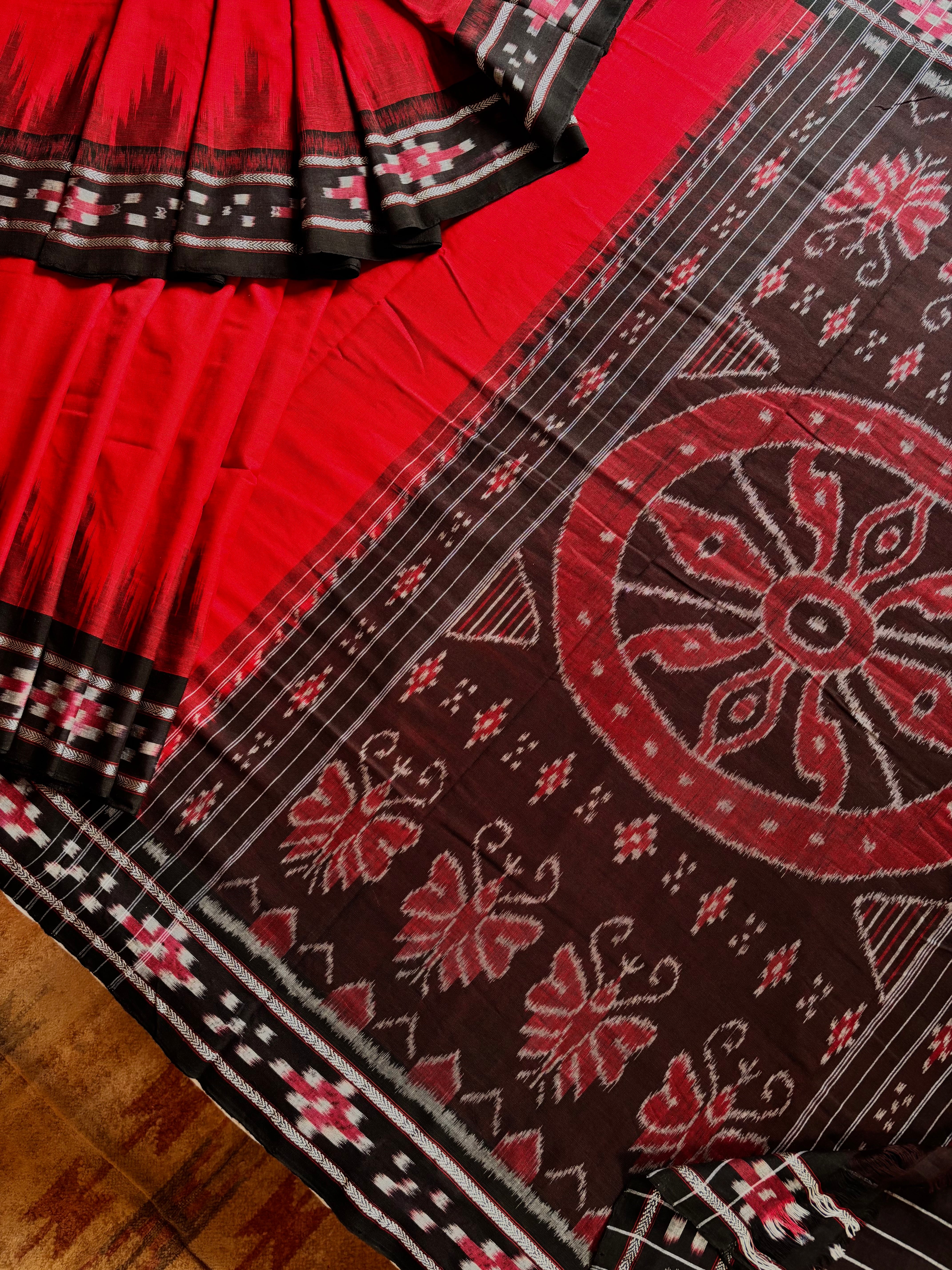 Handwoven Red Black Odisha Cotton Ikkat Saree