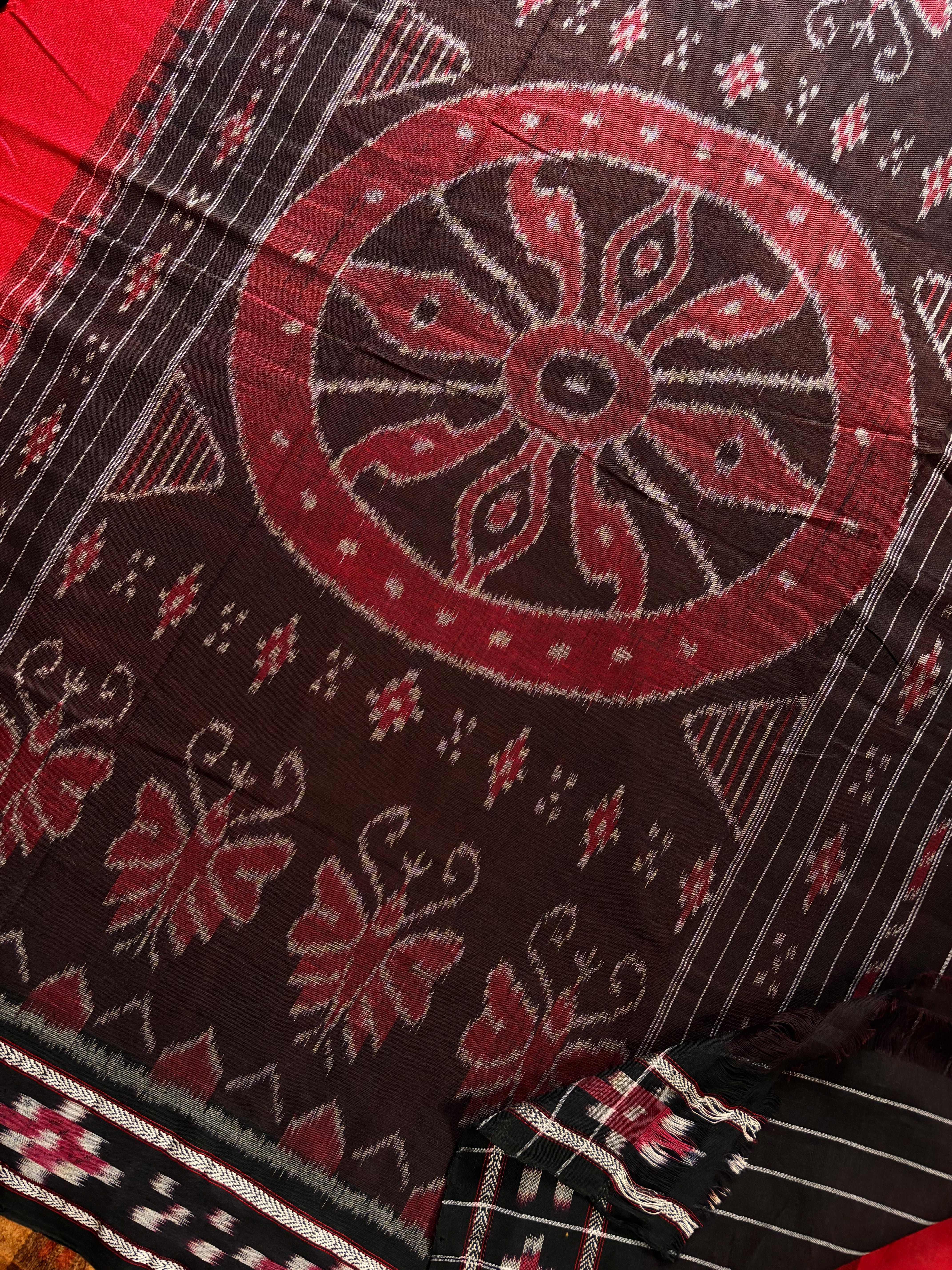 Handwoven Red Black Odisha Cotton Ikkat Saree