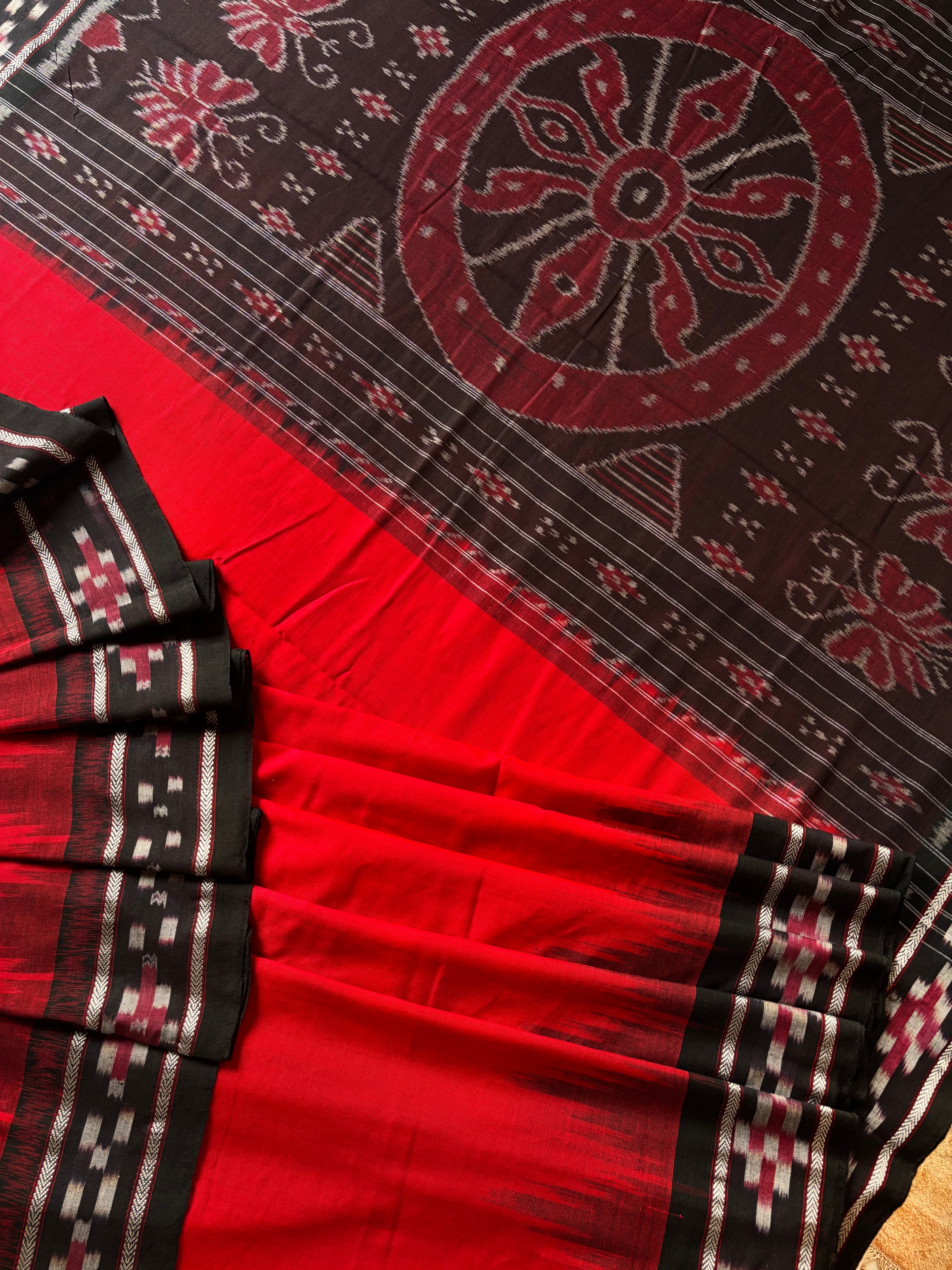 Handwoven Red Black Odisha Cotton Ikkat Saree
