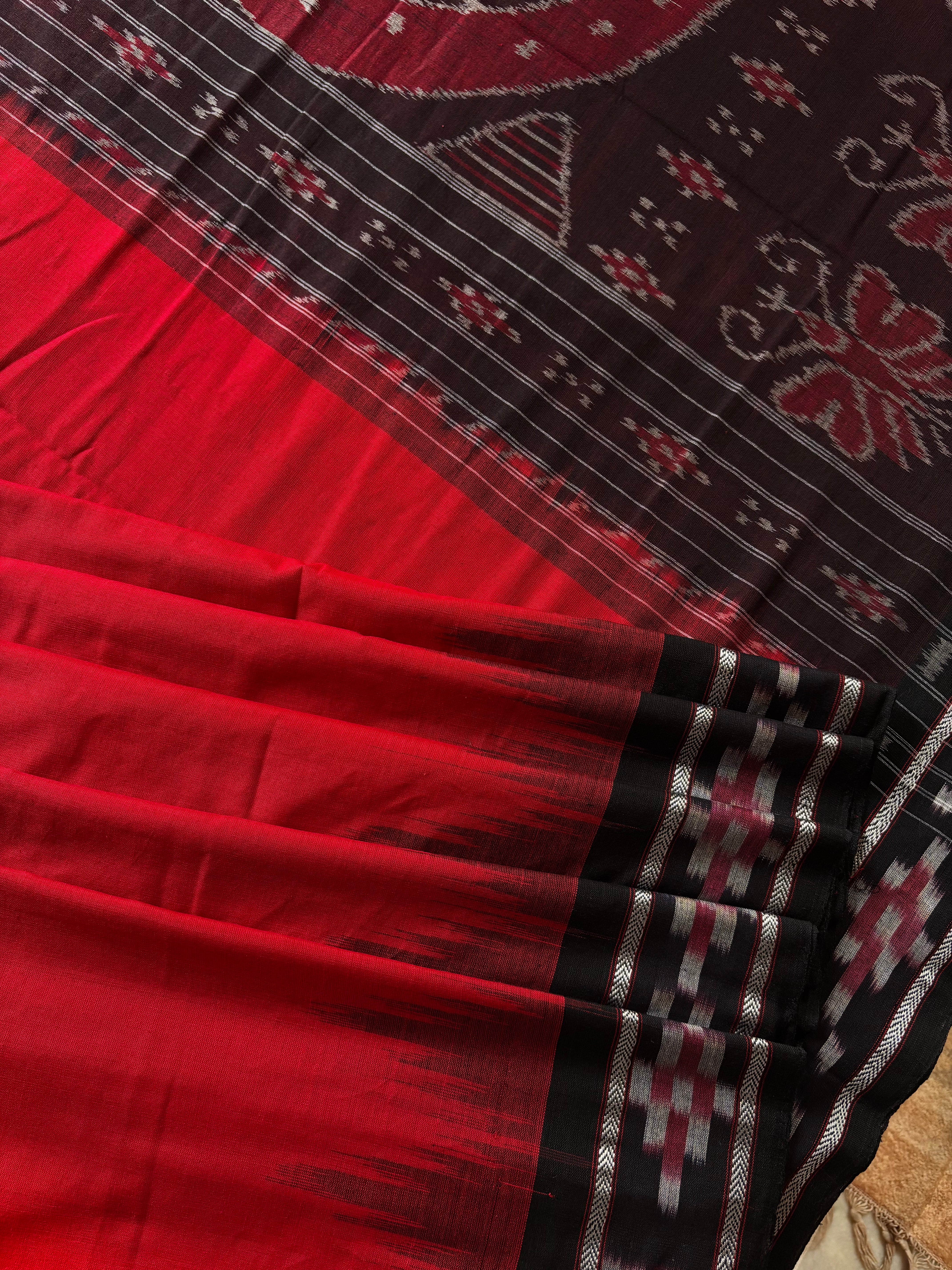 Handwoven Red Black Odisha Cotton Ikkat Saree
