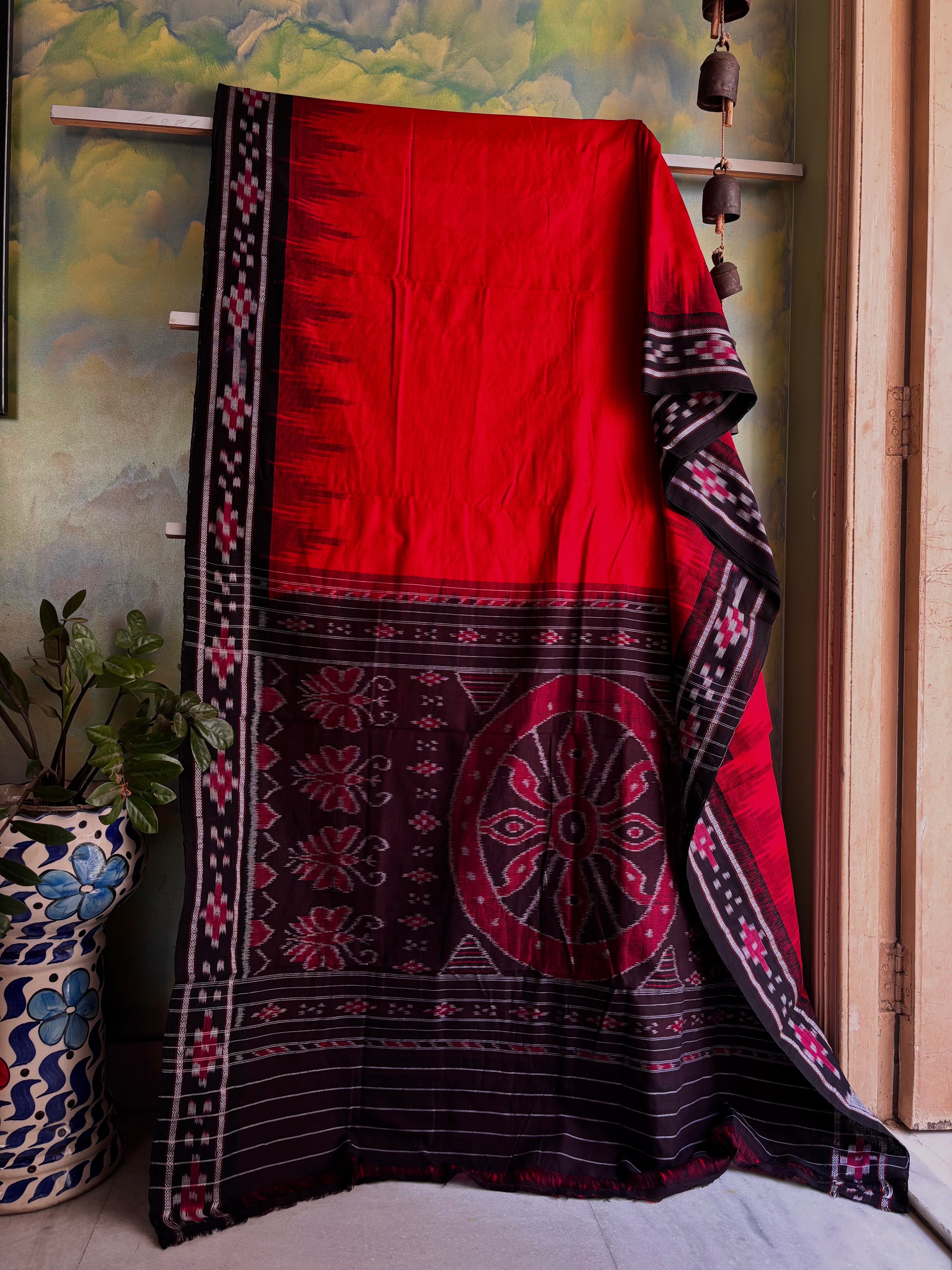 Handwoven Red Black Odisha Cotton Ikkat Saree
