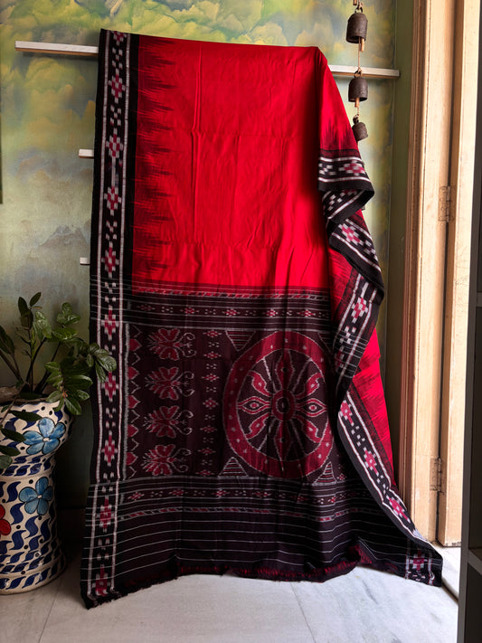 Handwoven Red Black Odisha Cotton Ikkat Saree