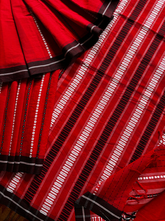 Handwoven Red Black White Begampuri Pure Cotton Saree