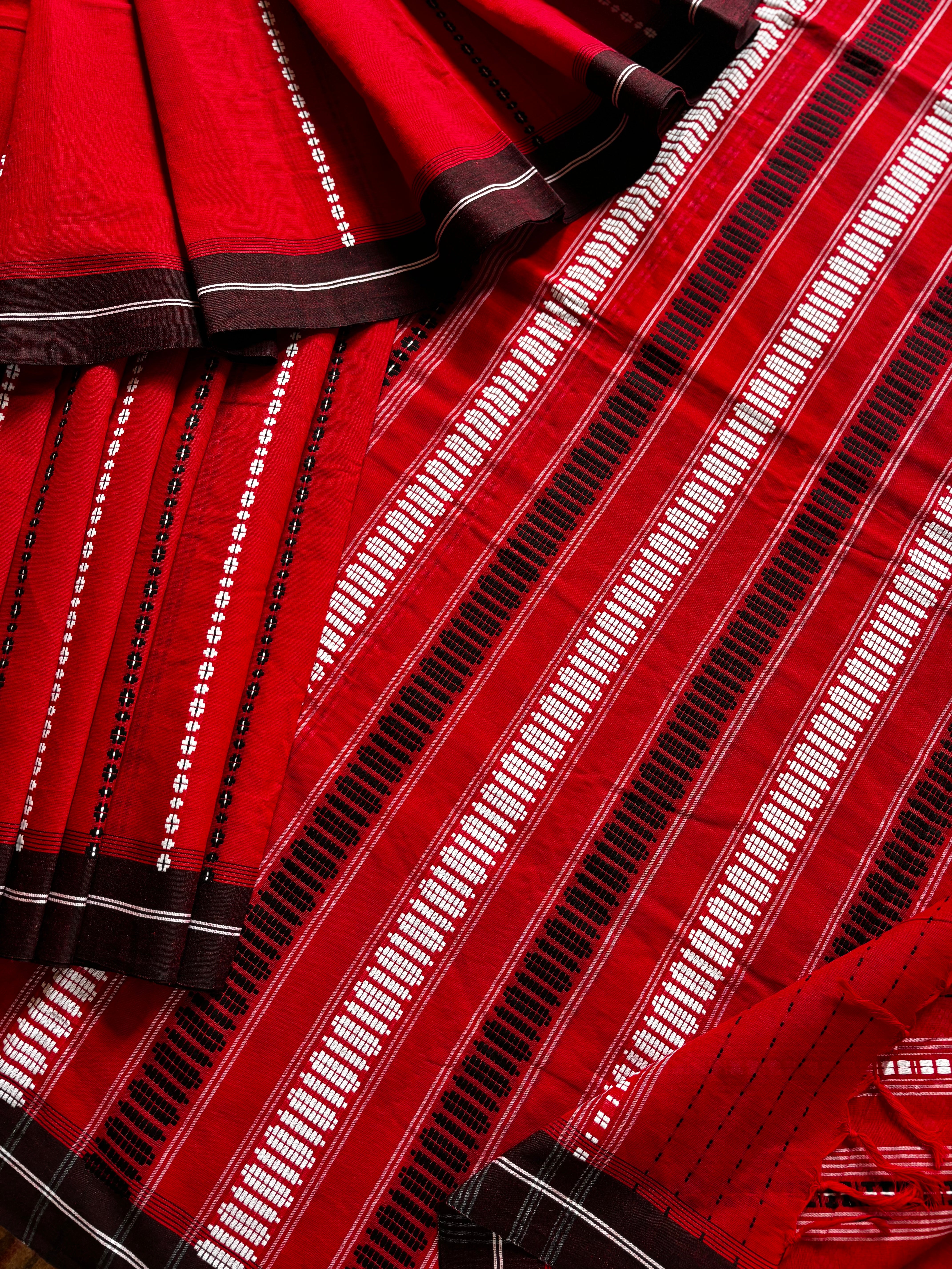 Handwoven Red Black White Begampuri Pure Cotton Saree