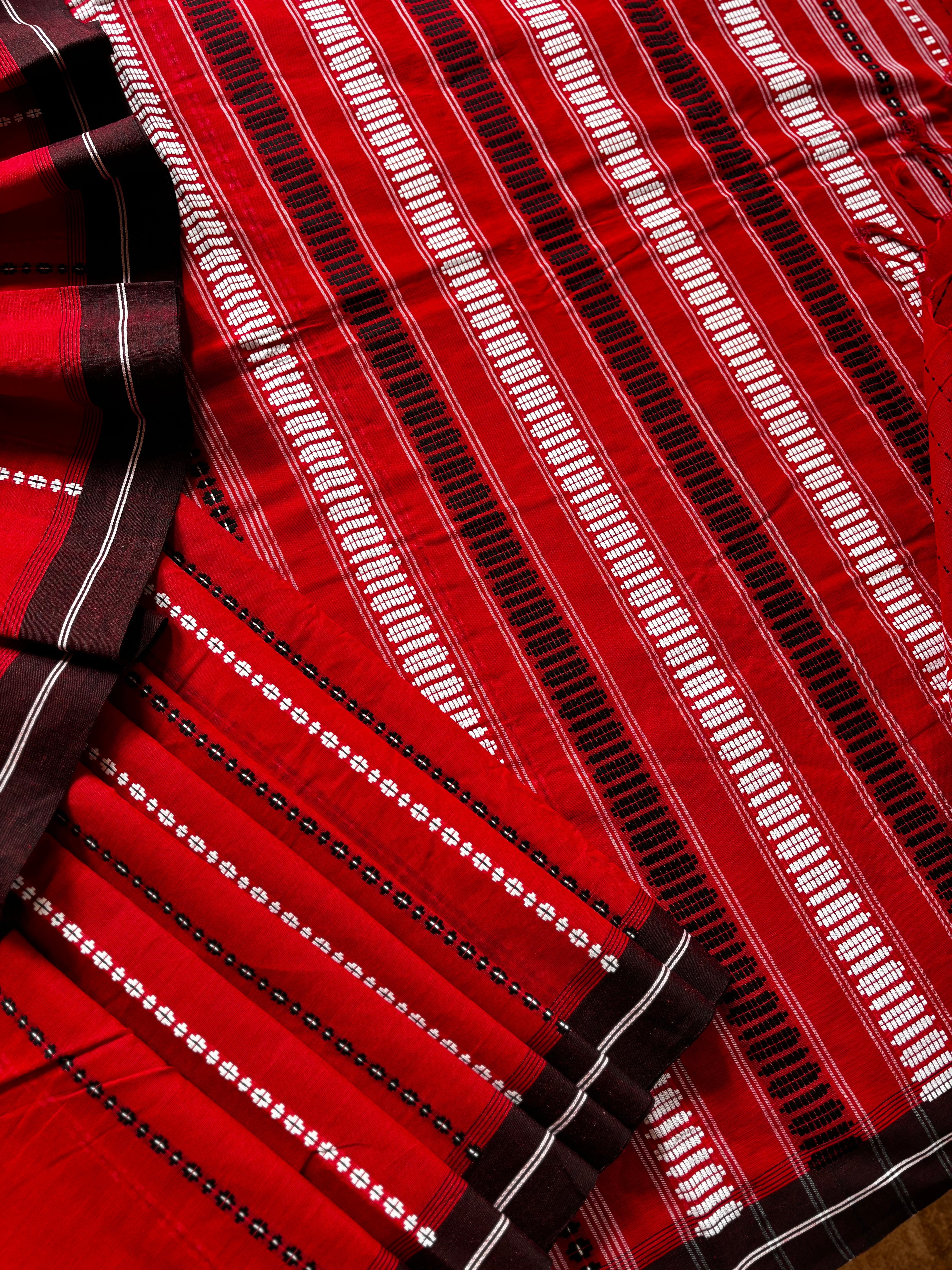 Handwoven Red Black White Begampuri Pure Cotton Saree