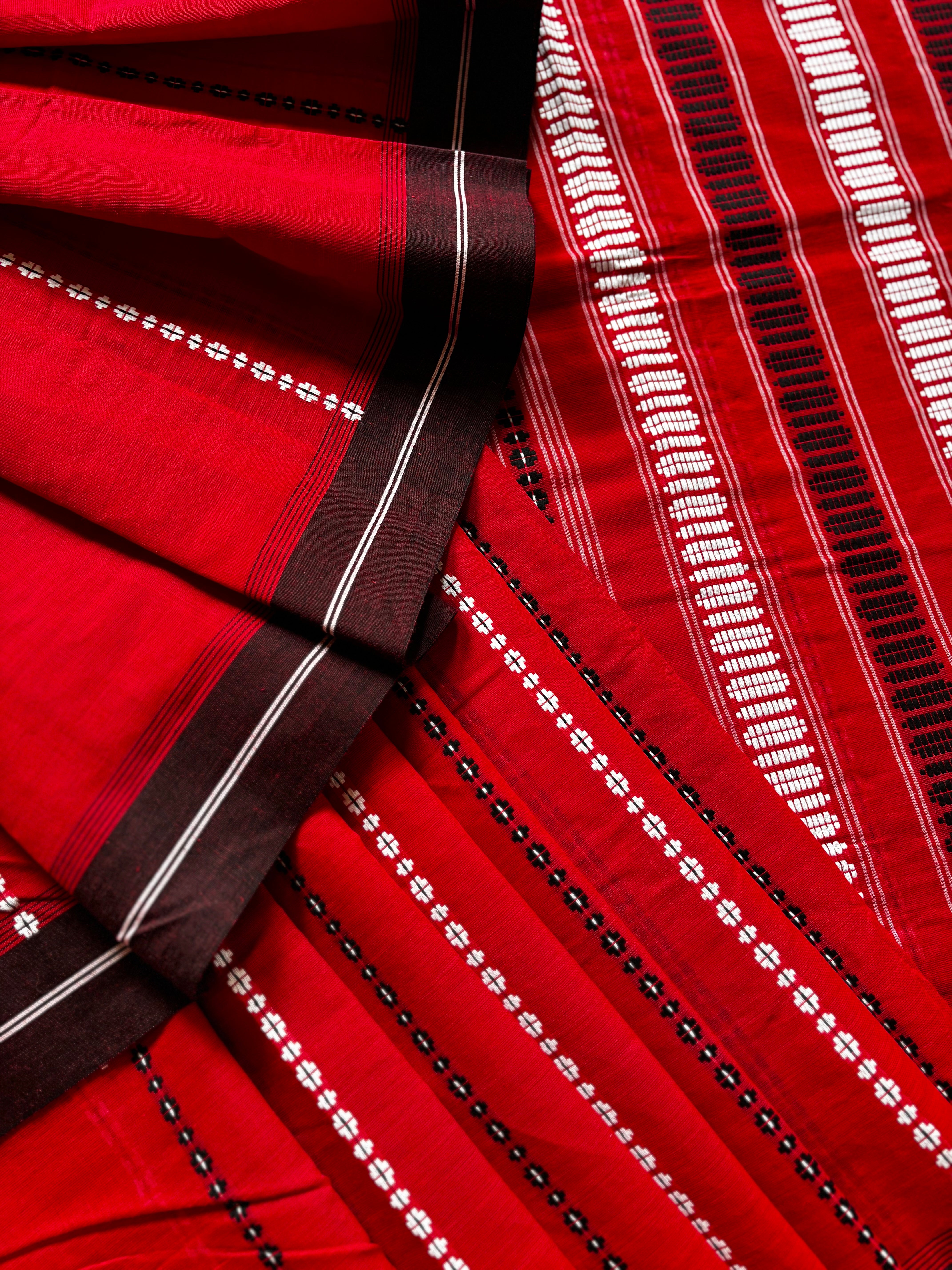 Handwoven Red Black White Begampuri Pure Cotton Saree