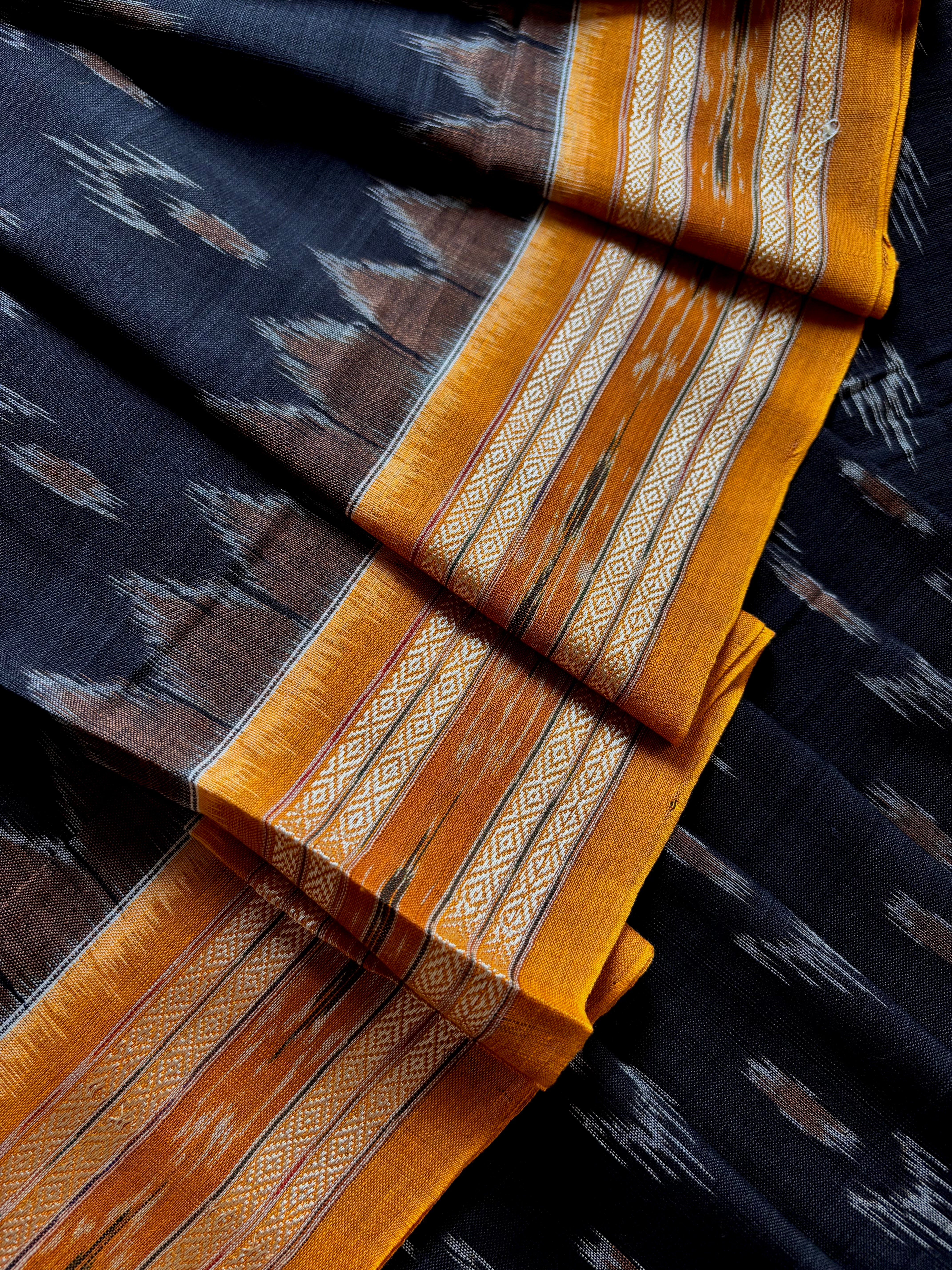 Handwoven Black Yellow Odisha Cotton Ikkat Saree