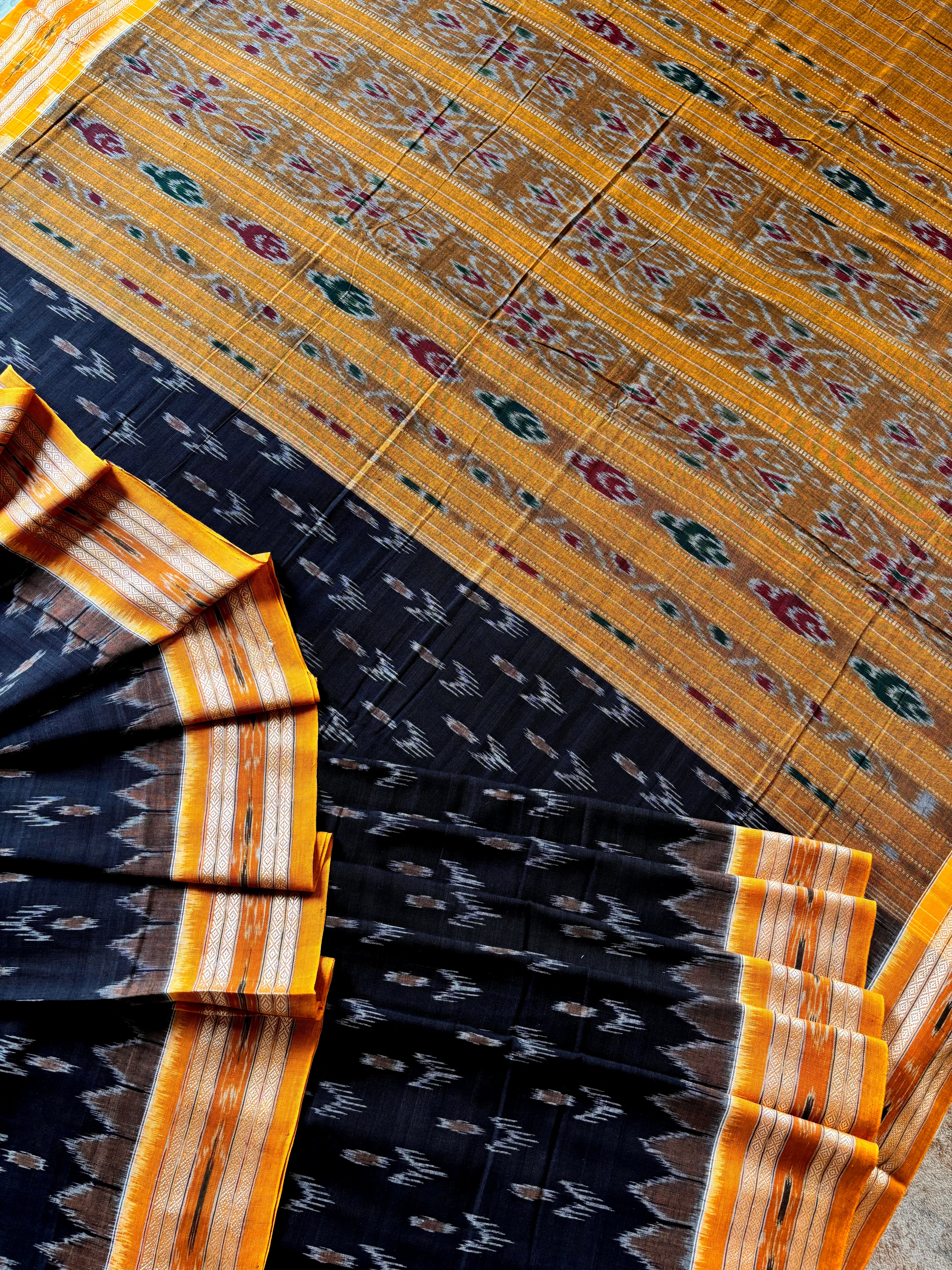 Handwoven Black Yellow Odisha Cotton Ikkat Saree