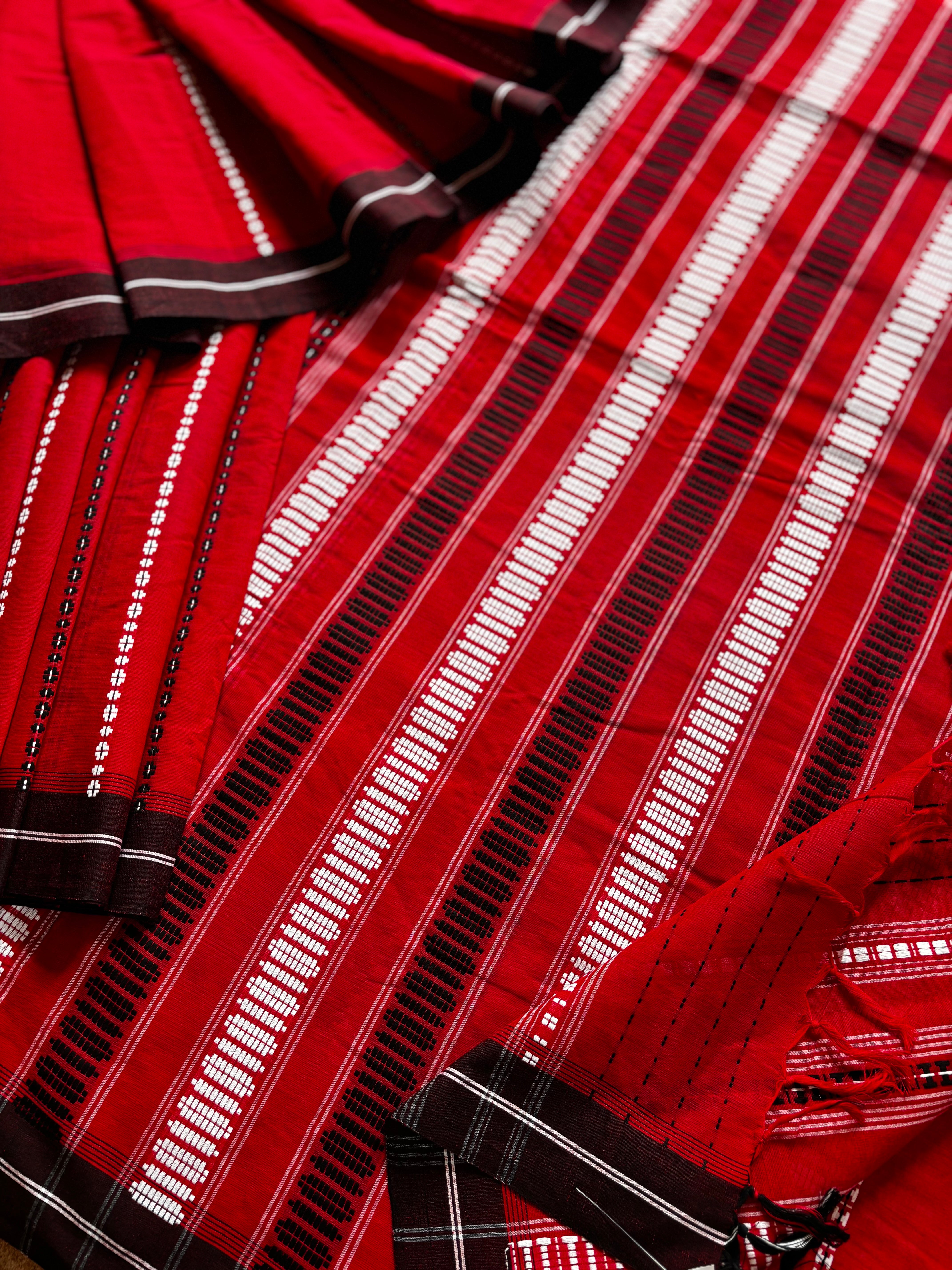 Handwoven Red Black White Begampuri Pure Cotton Saree