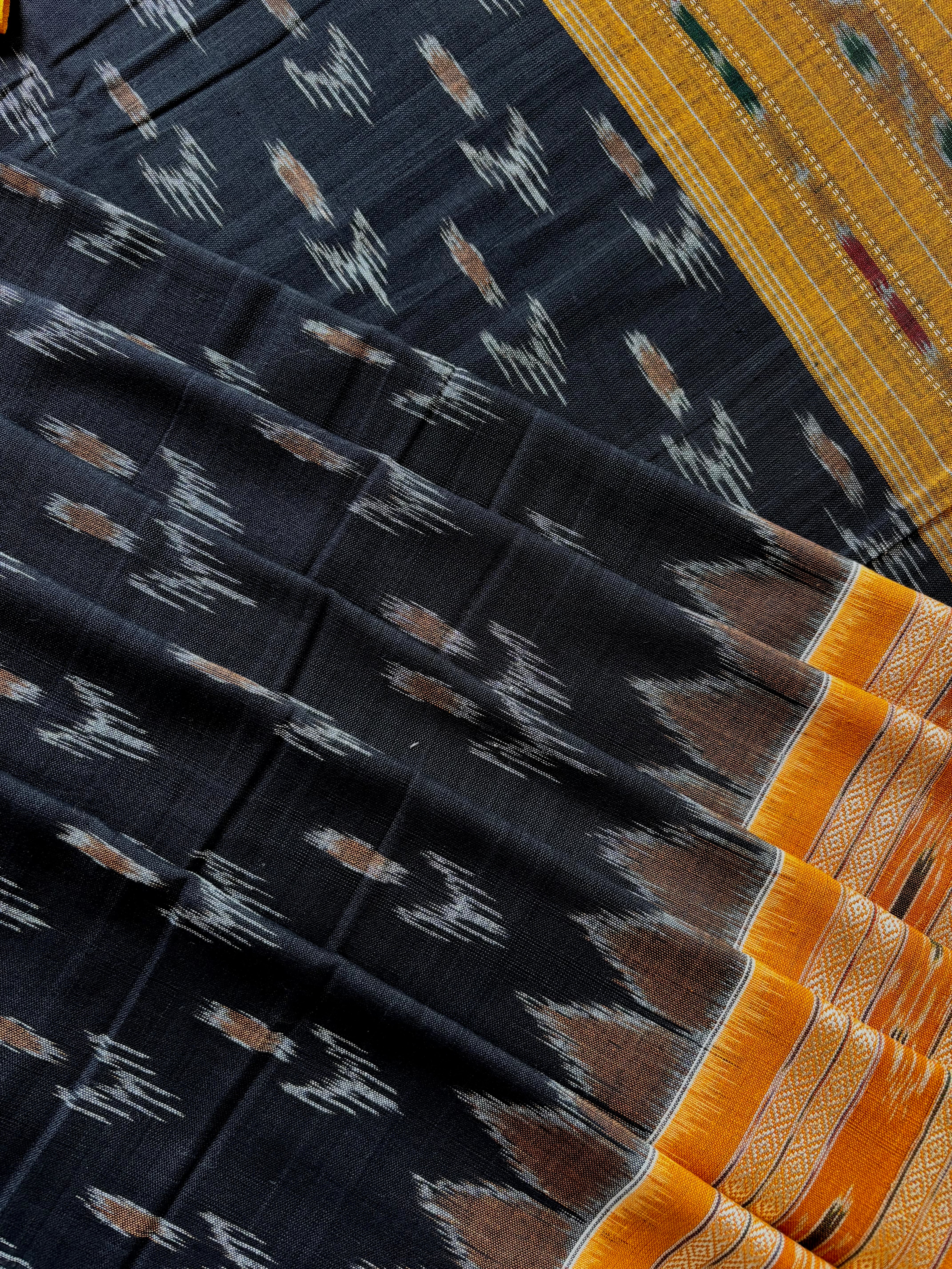 Handwoven Black Yellow Odisha Cotton Ikkat Saree