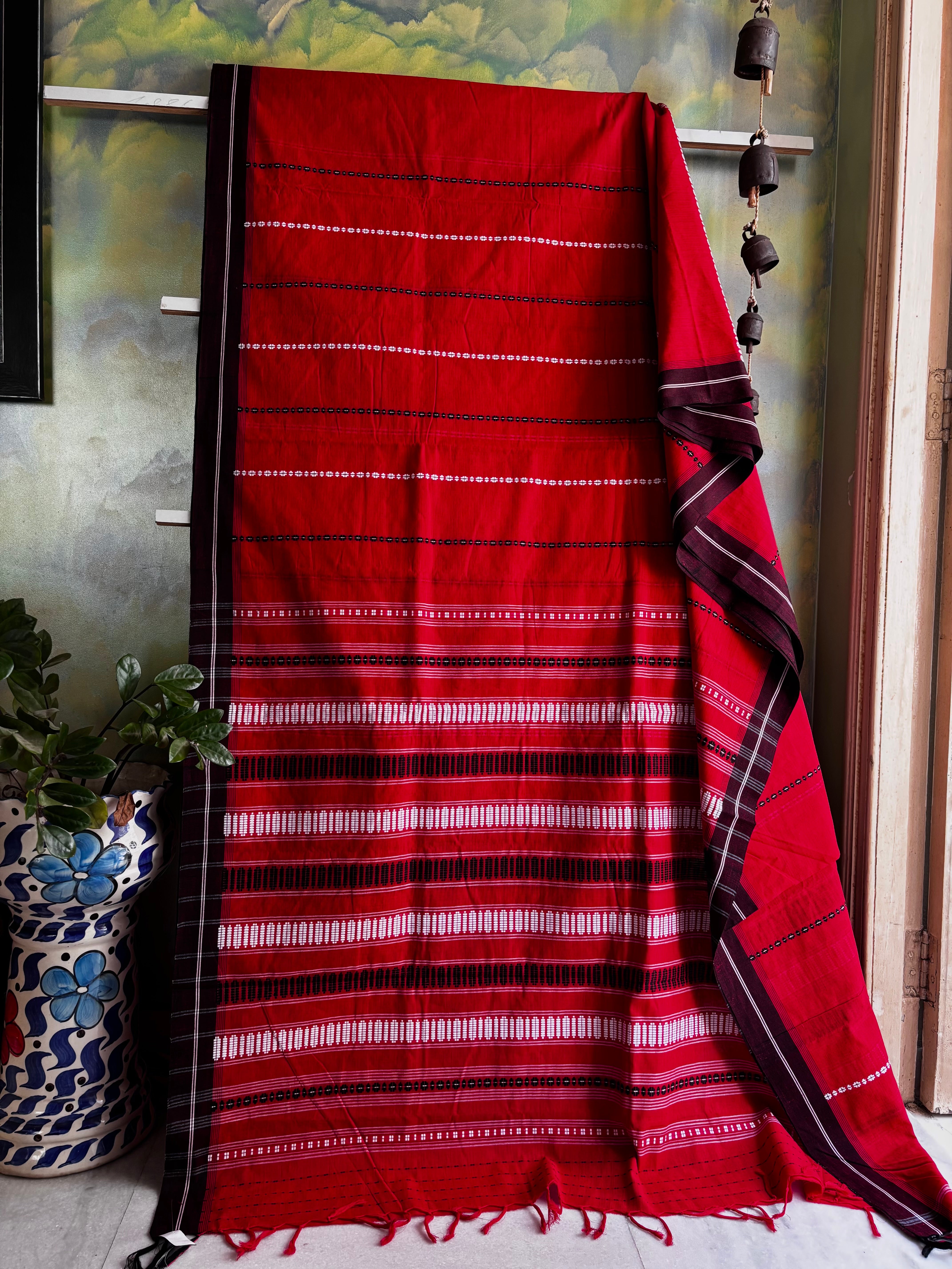 Handwoven Red Black White Begampuri Pure Cotton Saree