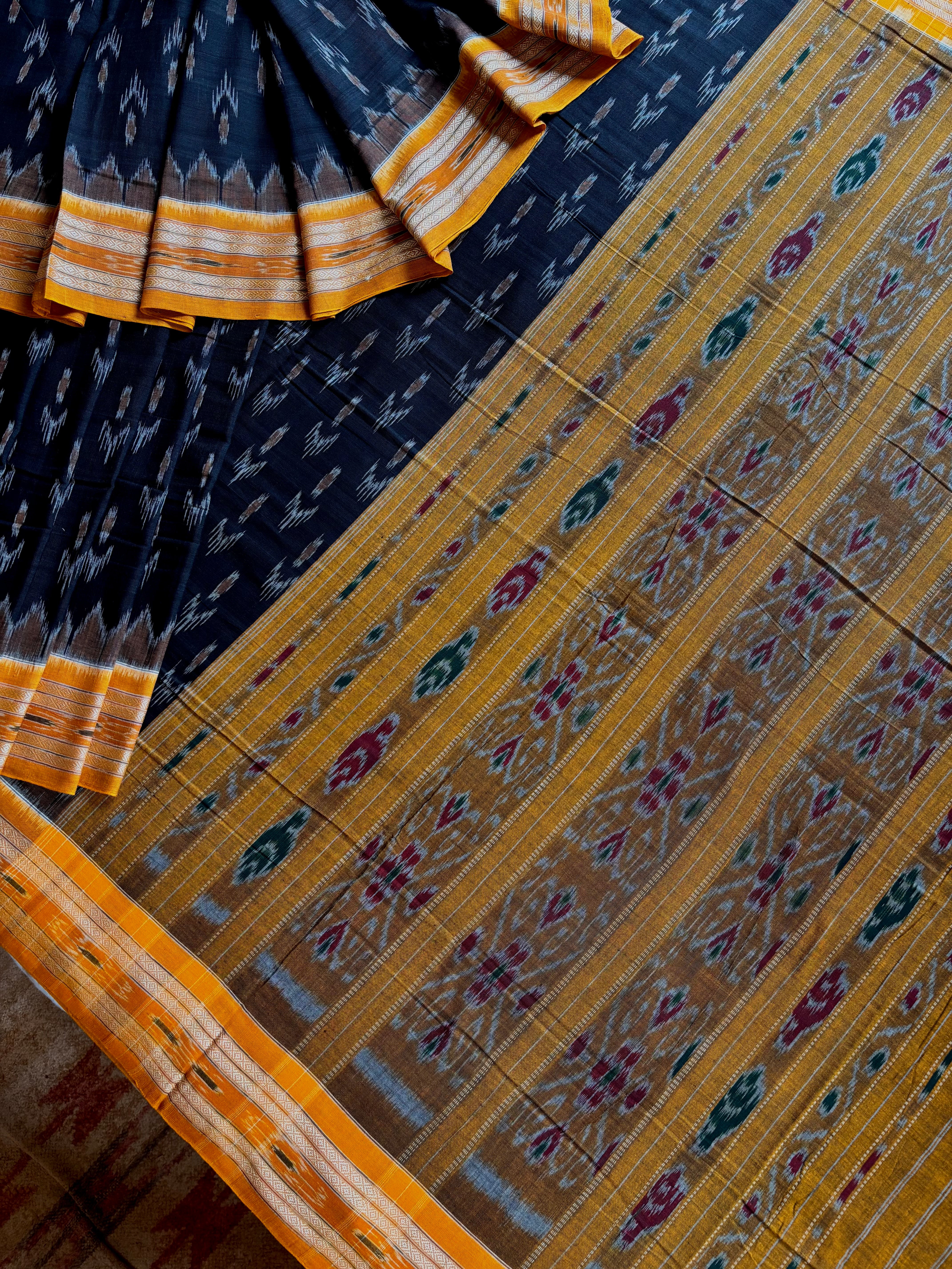 Handwoven Black Yellow Odisha Cotton Ikkat Saree