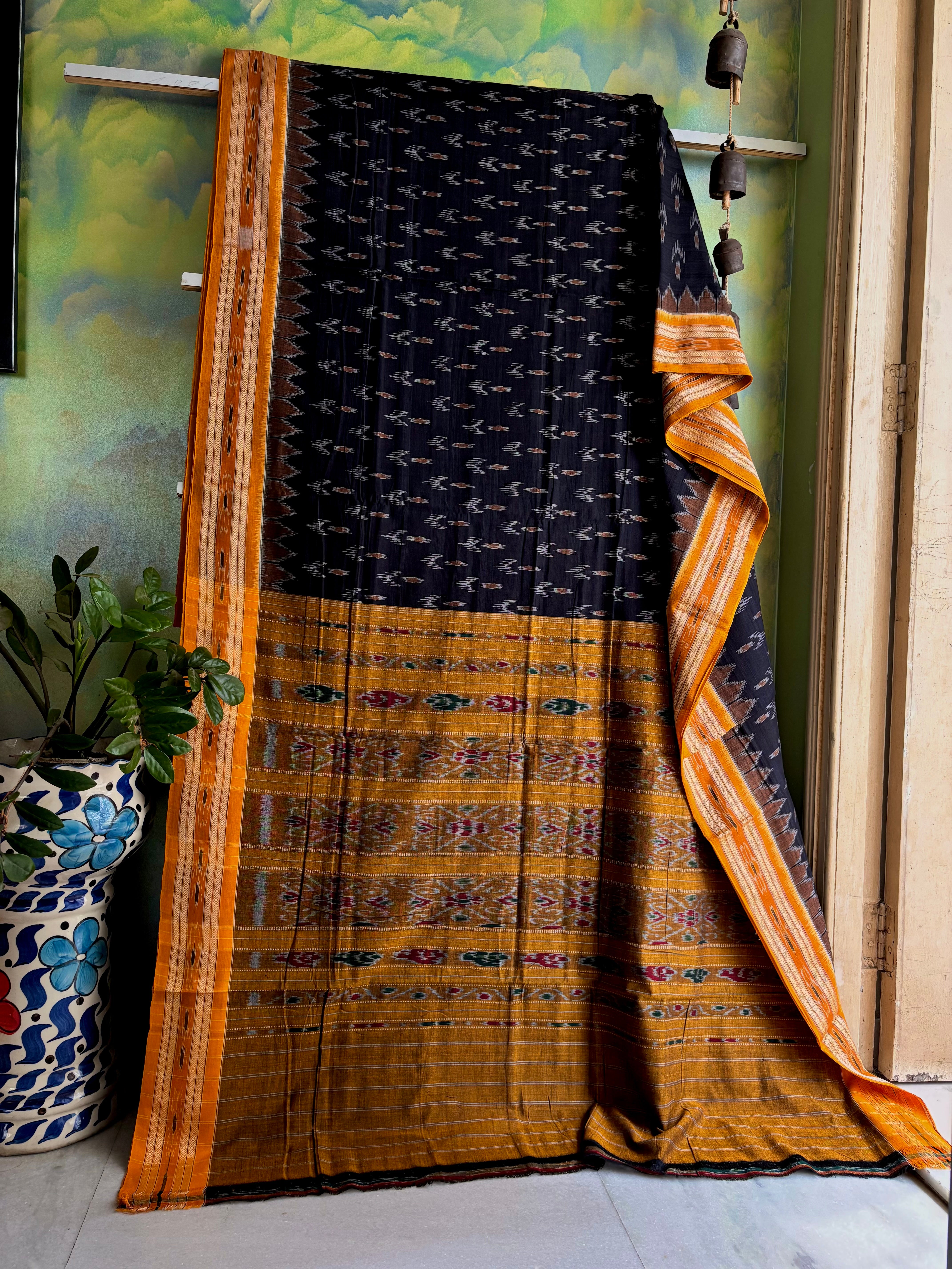 Handwoven Black Yellow Odisha Cotton Ikkat Saree