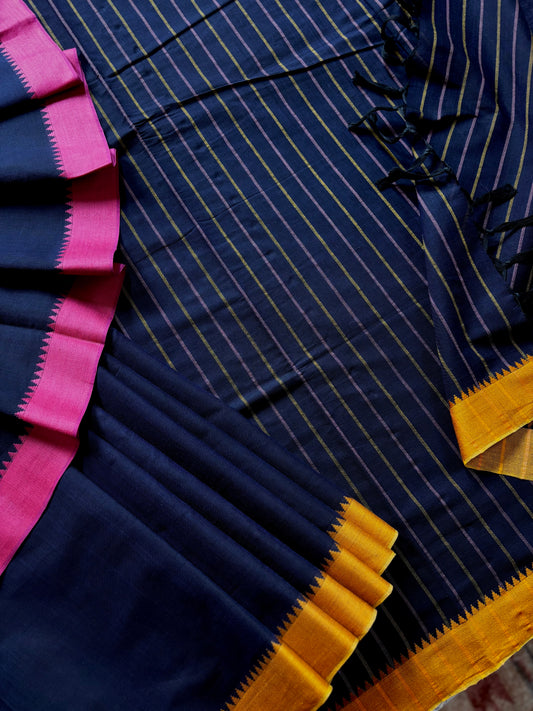 Handwoven Navy Blue Begampuri Pure Cotton Saree