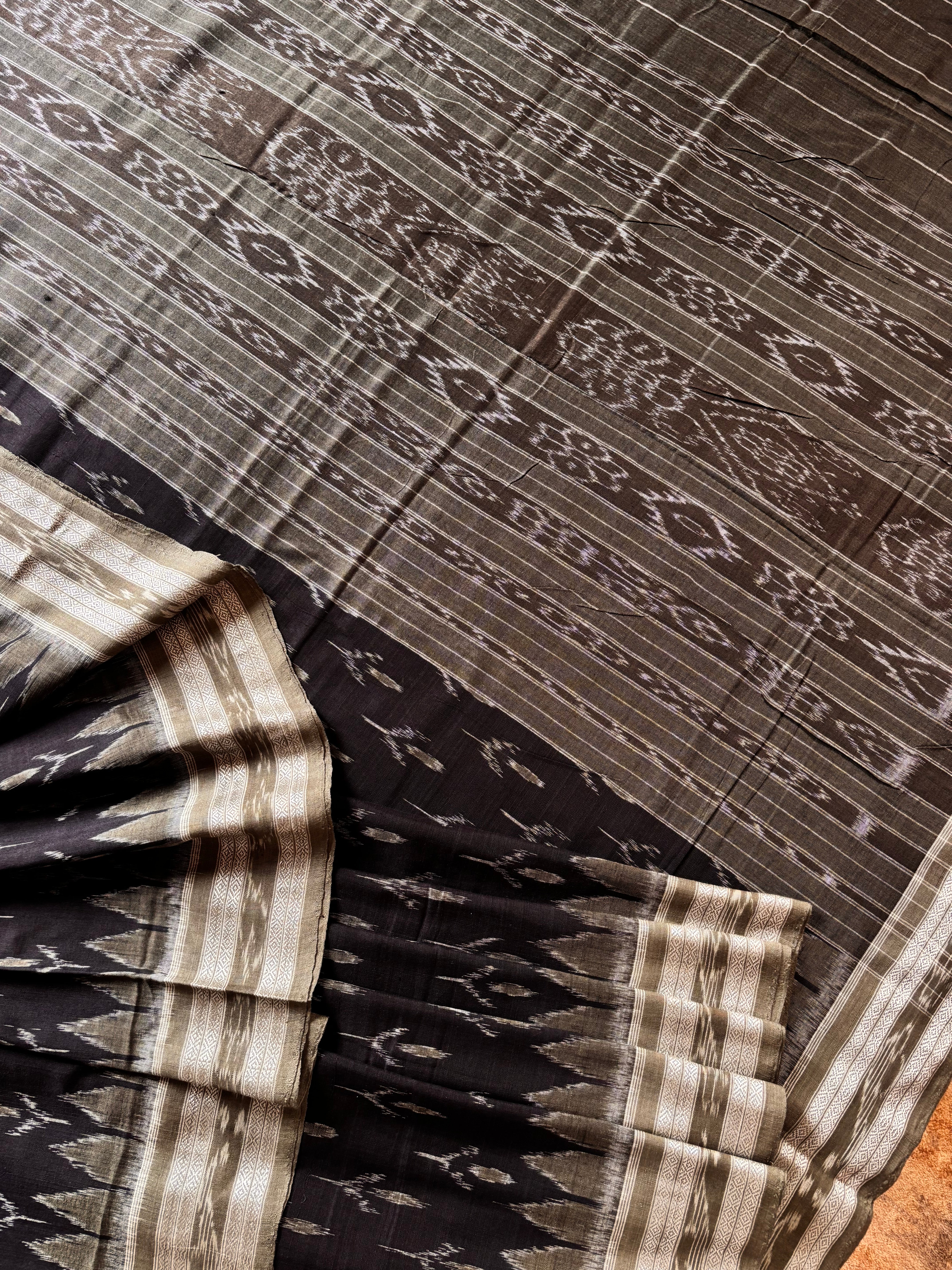 Handwoven Black Grey Odisha Cotton Ikkat Saree