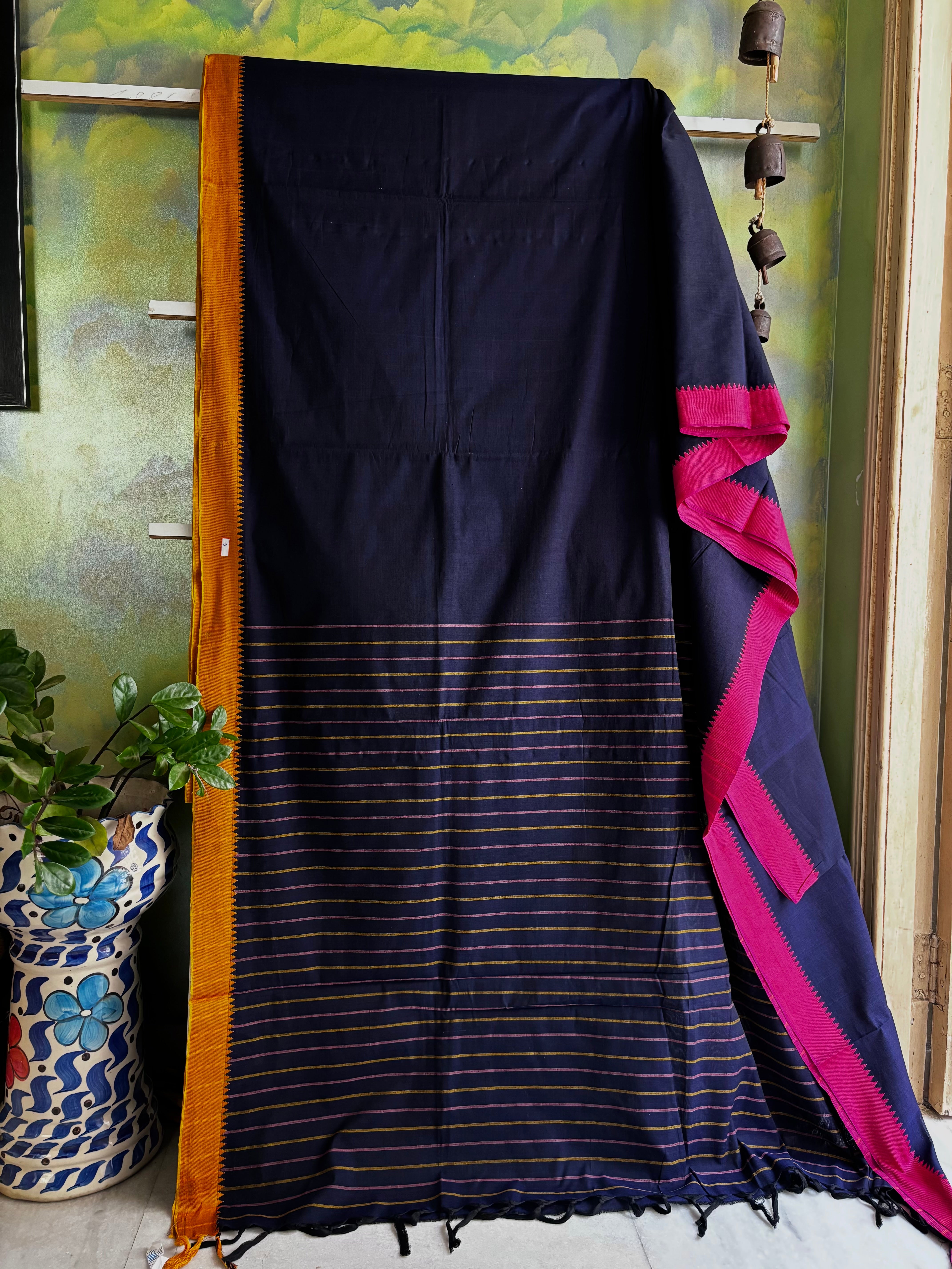Handwoven Navy Blue Begampuri Pure Cotton Saree