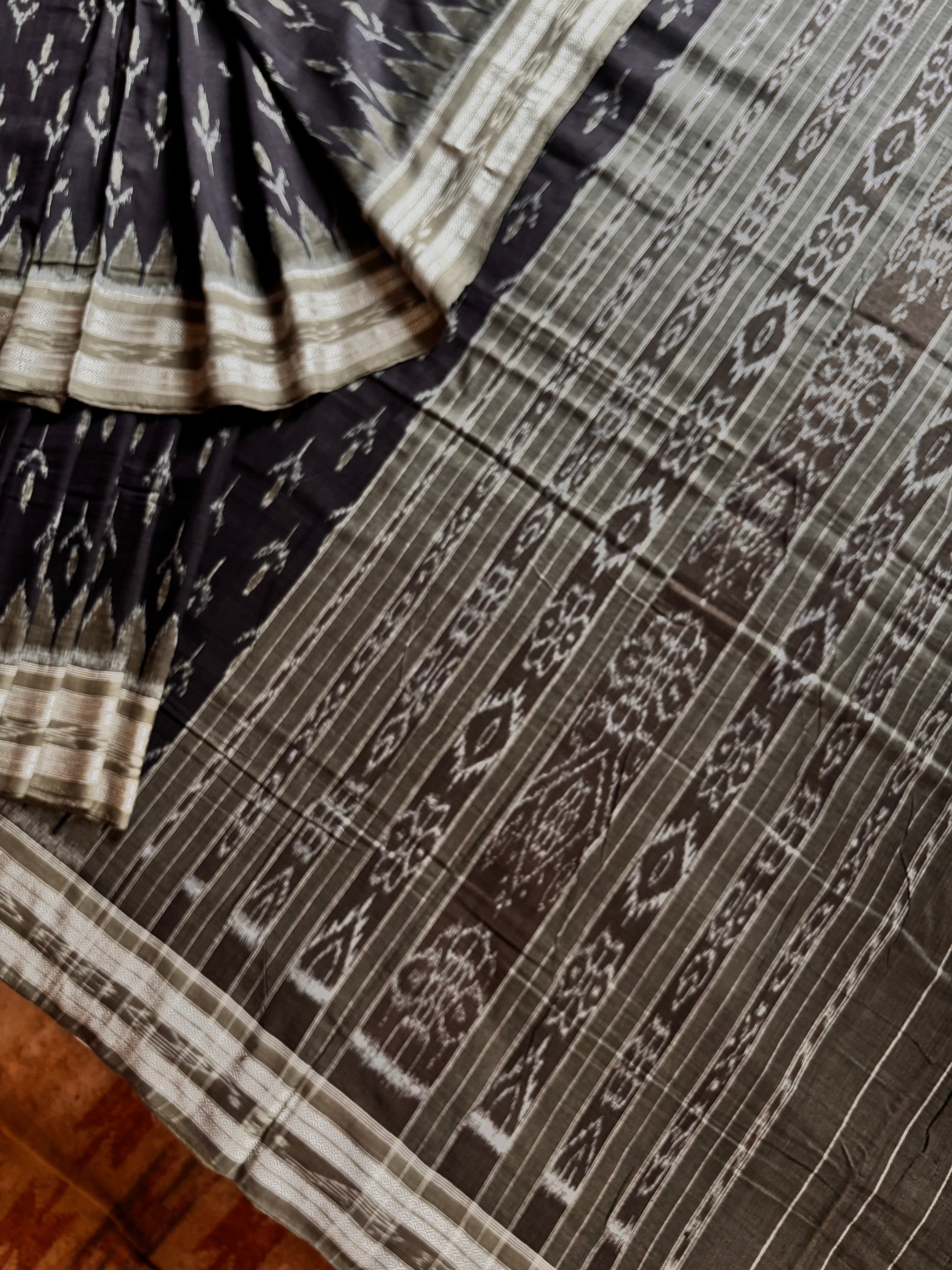 Handwoven Black Grey Odisha Cotton Ikkat Saree