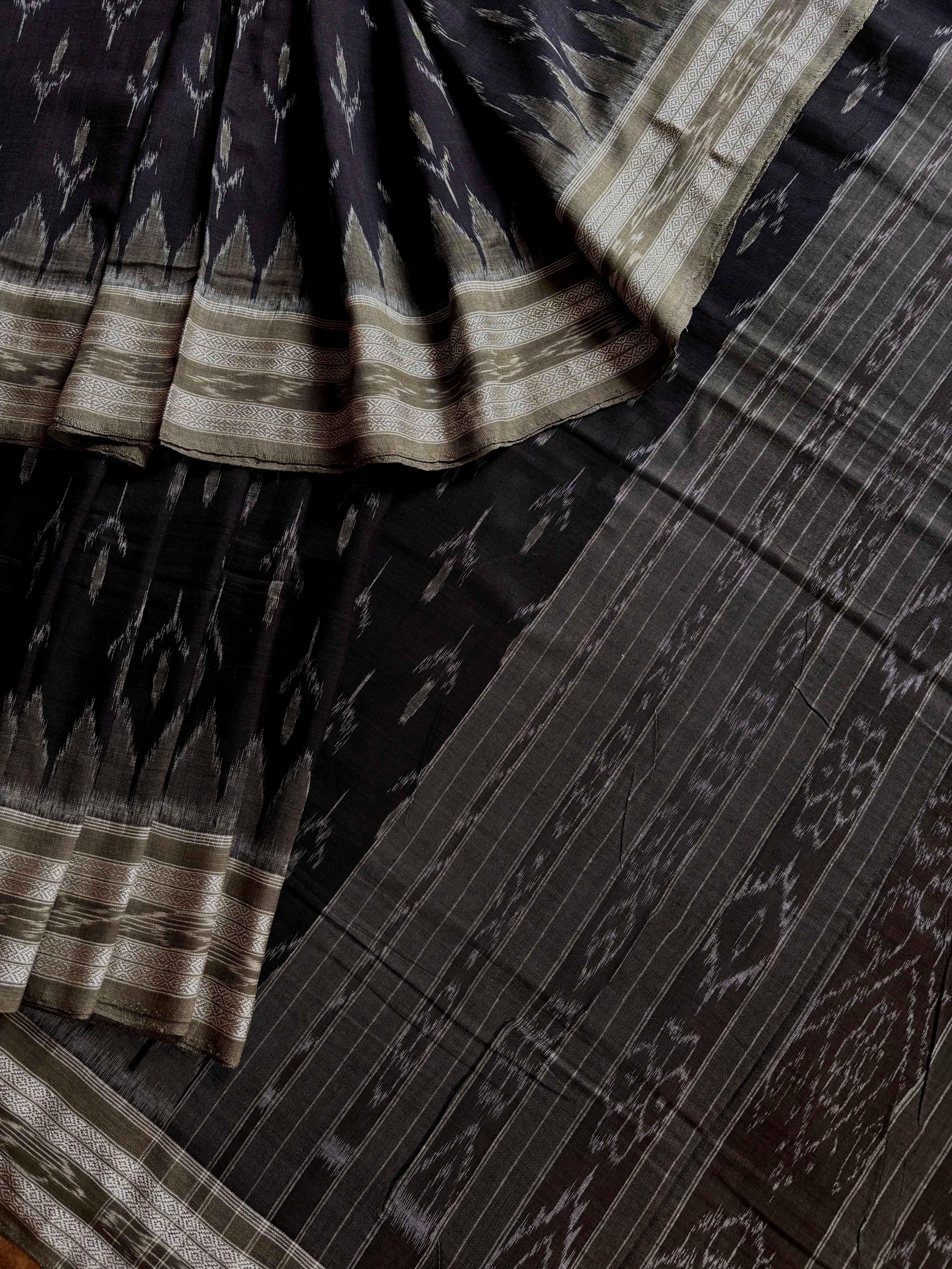 Handwoven Black Grey Odisha Cotton Ikkat Saree