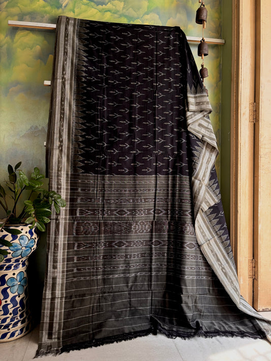 Handwoven Black Grey Odisha Cotton Ikkat Saree